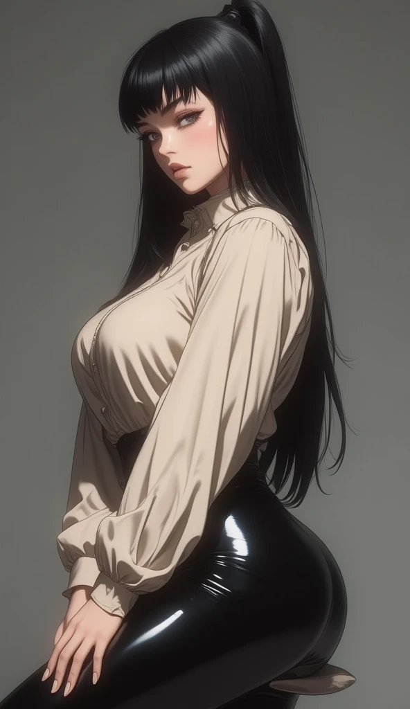 masterpiece,best quality,highres,realistic,1girl,full body,<lora:Izumi Curtis:0.6>,black_hair,cleavage,long_hair,hair_pulled_back,sleeveless_shirt,ponytail,white_shirt,collared_shirt,hairlocs,large breasts,sagging breasts,dreadlocks,