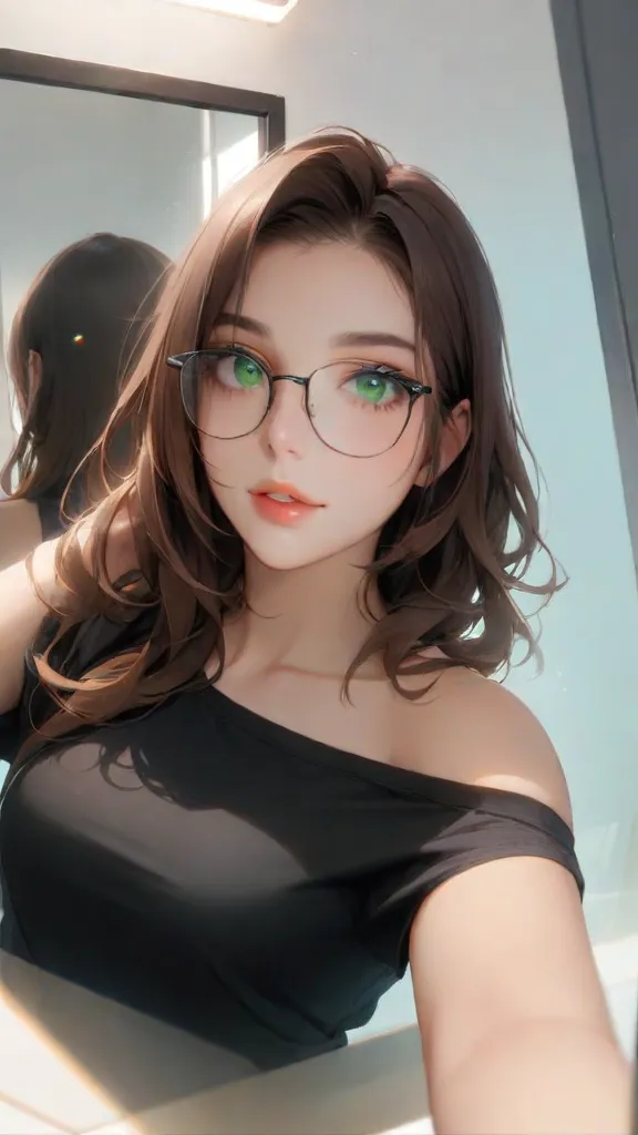 (best quality,4k,8k,highres,masterpiece:1.2),ultra-detailed,(realistic,photorealistic,photo-realistic:1.37),portrait,night scene,skyscraper,modern apartment,city view,sexy woman,green shirt,long sleeves,cleavage,collarbone,glasses,brown hair,purple eyes,single braid,yellow hair ornament,young female,beautiful fingers,long legs,beautiful body,beautiful nose,character design,perfect eyes,perfect face,expressive eyes,looking at viewer,center of the image,upper body,focusing on her face,large breasts,narrow waist,city night time,amazing,evening,fantasy,neon lights,dramatic shadows,vibrant colors,reflections,ambient lighting,moody atmosphere.