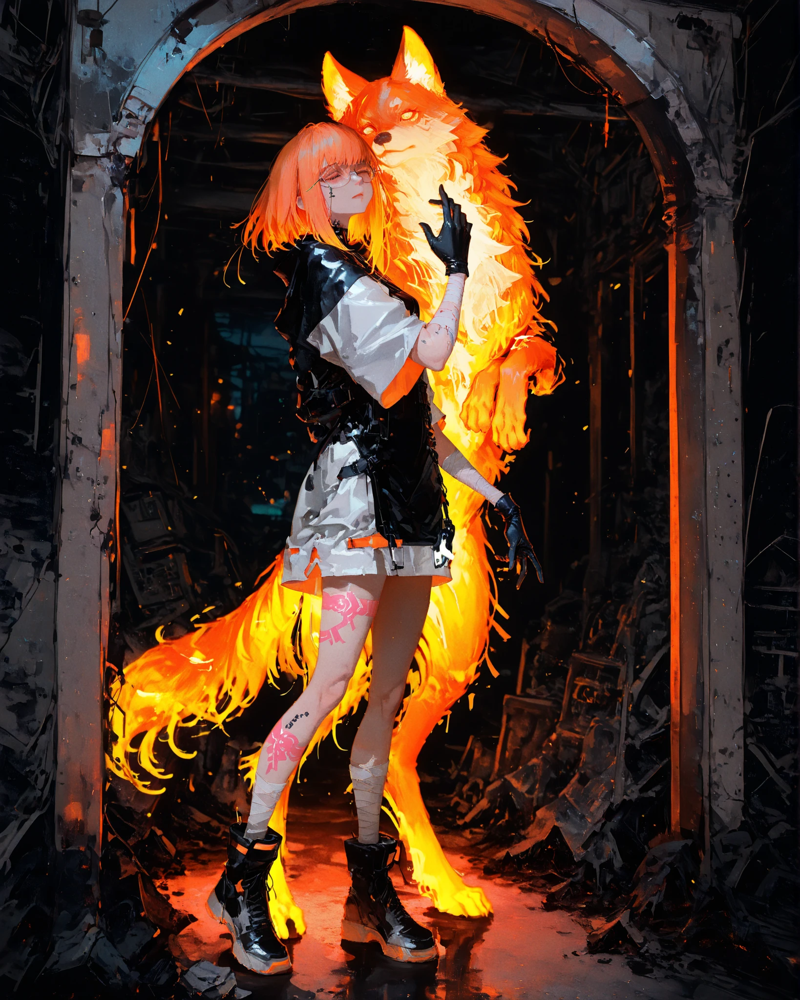 Masterpiece, natural lighting, night, perfect shadows, ray tracing, detailed image, perfect human anatomy, a beautiful adult woman with orange/caramel hair, wearing cyberpunk clothes (short sleeves), futuristic glasses and behind her her eyes are closed, gloves showing her fingers, bandages on her arm, a tattoo of a caramel puppy on her arm made in watercolor, standing in an alert position, at her side, a large and imposing caramel-colored wolf, strong and with eyes in a bright shade of orange with beams of light coming out of its eyes, on 4 paws next to the woman in a dangerous position, in the background destroyed gray buildings, ambient cinematic lighting, surreal atmosphere, 4k full body concept art, unsettling elegance, soft surreal nightmare 