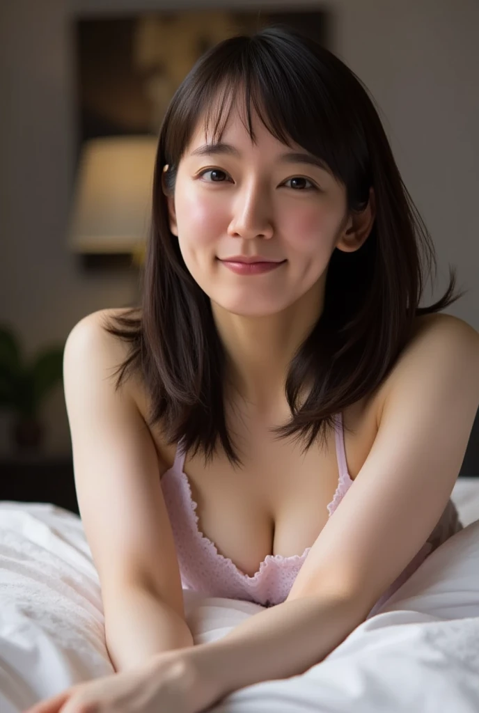 (8K、RAW Photos、Highest quality、masterpiece:1.2)、(Realistic、Realistic)、1 Girl、((Completely naked、After sexual intercourse、Waking up、Bedroom、morning、 the bed、Lie down in bed、Bathrobes、Flat Chest、Nipples、smile、Looking at the camera and smiling))、cute