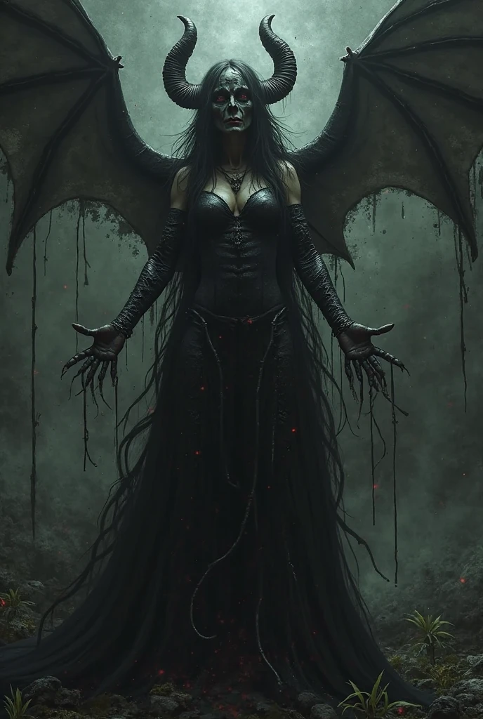 1. General Characteristics Central Figure: A female figure with a dominant and powerful presence, showing demonic characteristics.
facial expression: Expression of intensity, with a penetrating gaze that evokes the abyss and oblivion.
2. Body Details Skin: Dark or grayish color, with shades that suggest nothingness and emptiness. The skin may have a texture that appears to disintegrate in some places., symbolizing oblivion.
eyes: eyes profundos y vacíos, perhaps with pupils in the shape of the letters Ain (p) y MEM (from), representing emptiness and transformation.
horns: horns estilizados, which could form a kind of sigil in their shape or resemble the Teth letters (ninth) and Schin (that), symbolizing violence and chaos.
3. Clothing and Accessories Clothes: Dark and torn clothes, Possibly with details in the Hebrew letters as ornaments. The clothing may have elements of chains or thorns suggesting restriction and pain..
Alas: Large dark wings, torn, evoking transformation and chaos. They could be decorated with sigils and letters.
4. Symbolic Elements Secrecy: The sigil designed with Aleph (A), MEM (from), Yod (J), Lamed (to) the Nipple (ninth) It could be tattooed on your skin or on your bottom, representing the key and the door.
Invocation Phrase: Fragments of the invocatory phrase written on clothing or the environment, as a mantra of power.
around: The background may show a dark and desolate landscape, with elements that suggest the abyss and emptiness.
5. Expression and Posture Posture: A dominant and challenging posture, perhaps in a position of summoning or control, to show his dominion over the abyss and death.
hands: Hands could be raised, holding a symbolic object such as a key or a broken glass, to emphasize the act of rupture and transformation.
Generated Image If you need a real graphical display, Here I offer you a guide for a graphic artist:

Draw the Female Figure:

Sinister
