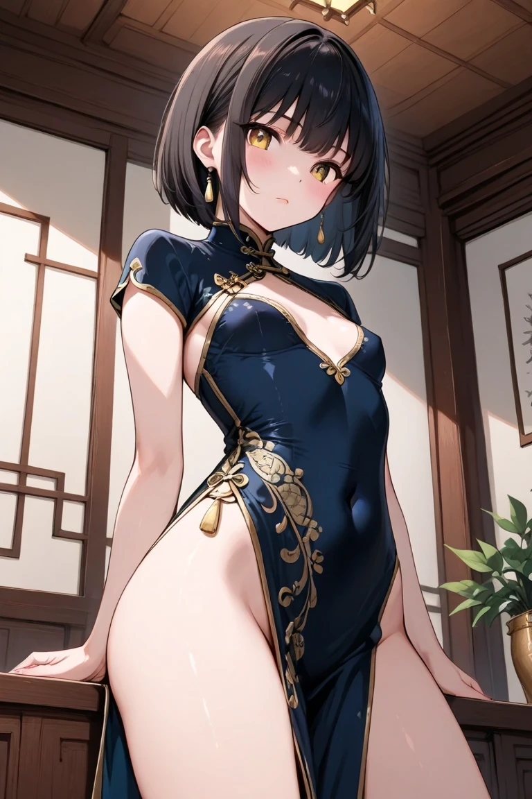 chinese bun black short hair,bun cover,china dress, long dress,tight mini skirt, gold decoration dress, sleeveless, ultra detailed dress,cleavage, cleavage cutout, clothing cutout,,((NSFW)) ((hentai))Long black hair ((Toddler girl)) ((5 years old))