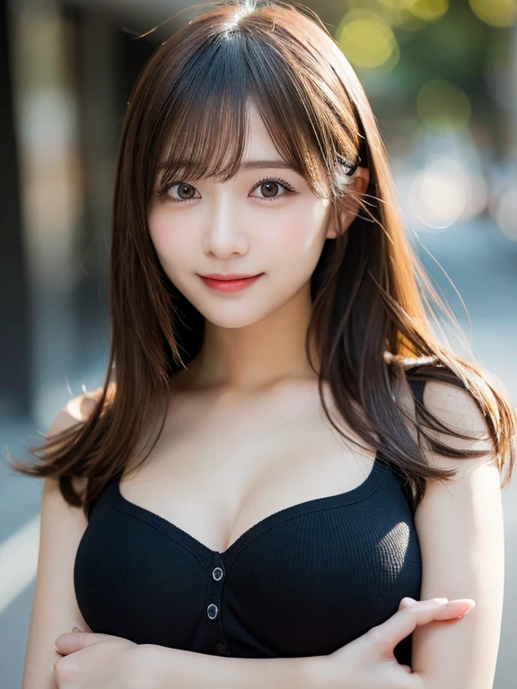masutepiece, Best Quality, Illustration, Ultra-detailed, finely detail, hight resolution, 8K Wallpaper, Perfect dynamic composition, Beautiful detailed eyes, Women's Fashion Summer,Medium Hair,Small breasts natural color lip, Bold sexy poses,Smile,Harajuku、20 years girl、Cute、Sexy shot looking at camera, (Large Breasts:1.5), (Slim Body:1.5),