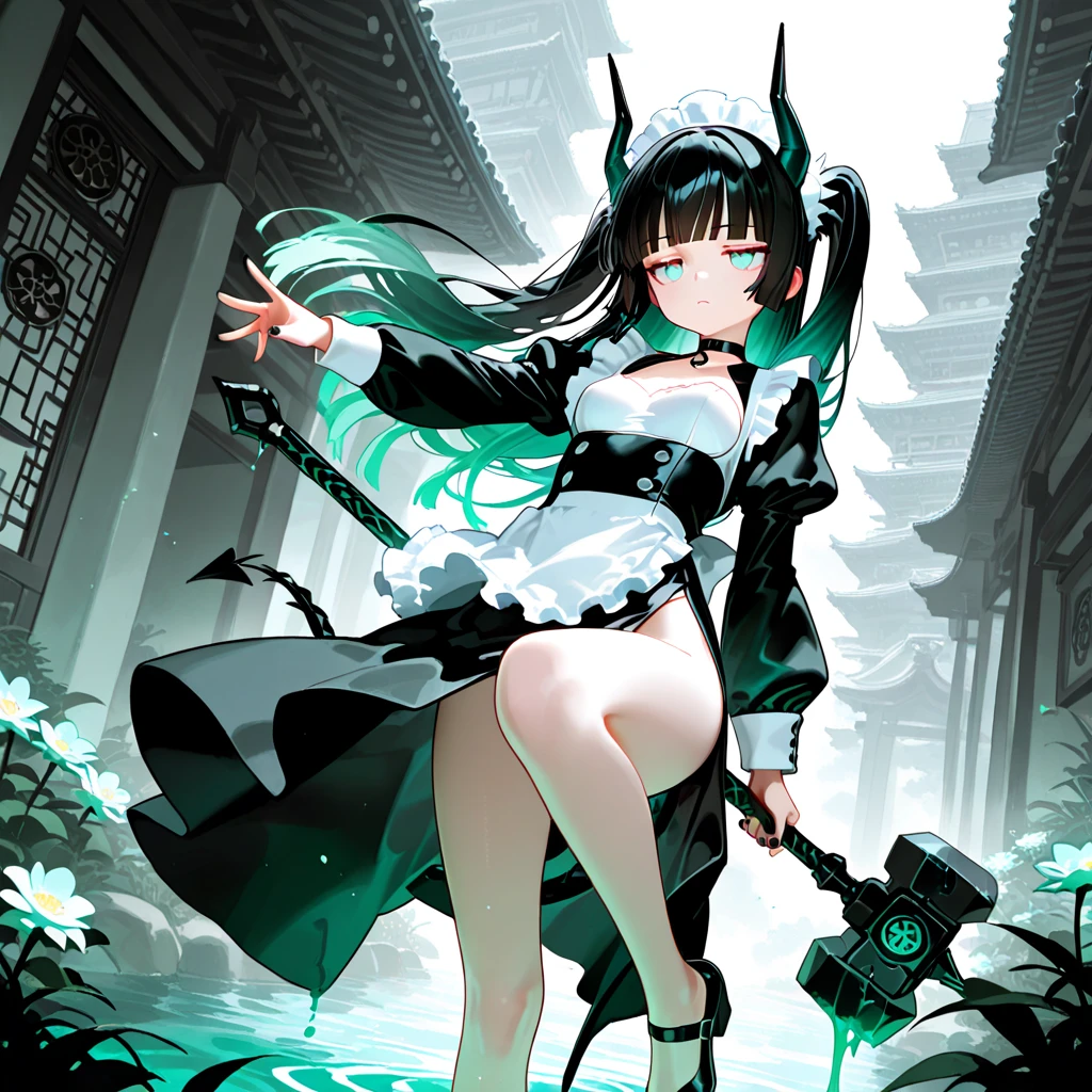 masterpiece,best quality,1girl,right hand in waist,azur lane al azuma,\(herrscher of finality\),solo,full body,pale skin,black hair with mudgreen shades, mudgreen colored eyes,full body, full body black swinsuit,+ +,tight black collant,(((big breasts))),closed mouth,((serious expression)),bronze high heels, (((holding a great black axe))), three floating black skulls engulfed in green fire, ((fantasy character)), anime character sheet