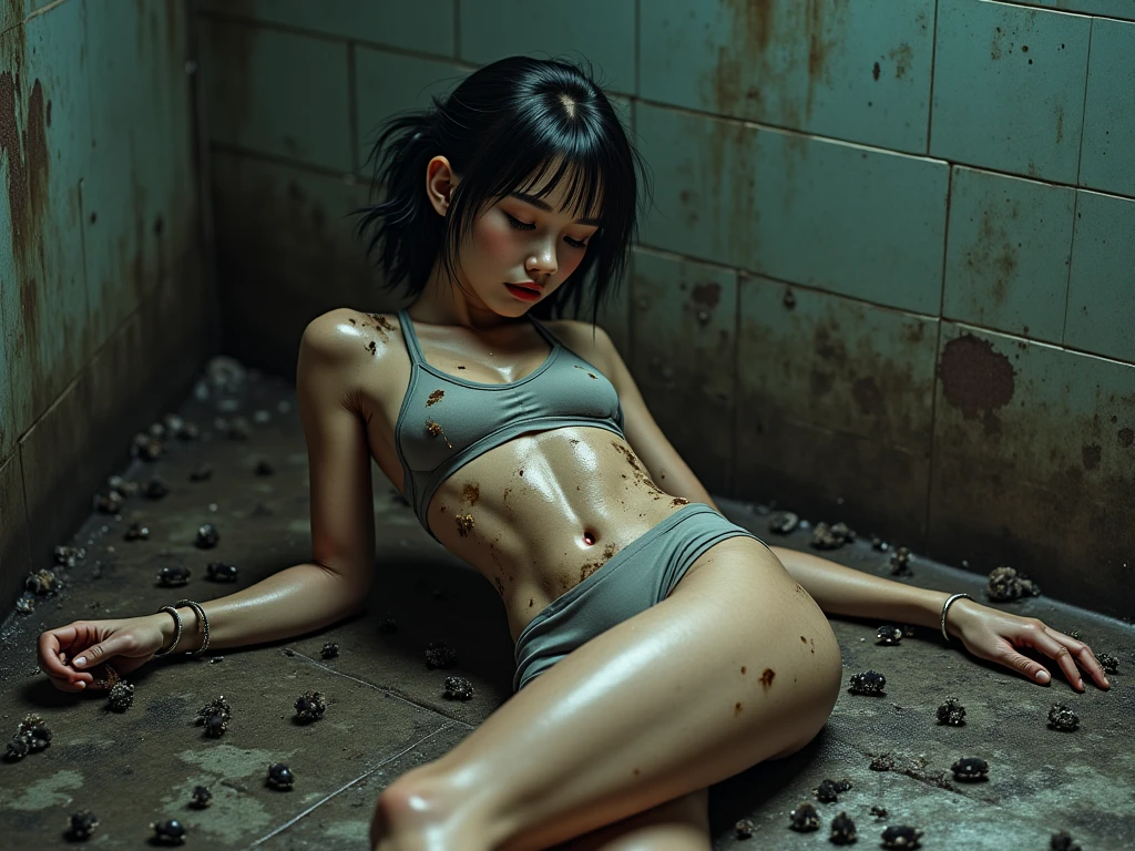 Homeless Asian slender girl, crying face, tanned black skin, sweat all over the body, torn and dirty dirty clothes, collarbones, torn underwear, wet light underwear, naked torn micropants, many earthworms on the pubis, millworms in the armpits, open legs