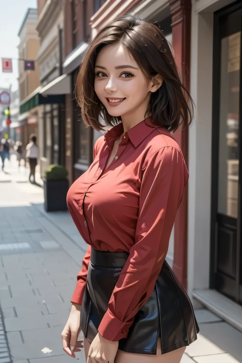 (masterpiece, Highest Quality, high resolution, surreal, Perfect Pixels, Realistic, 4K), 1girl, solo, Beautiful face, Mature Woman, dark brown eyes, Lashes, Realistic eyes, grin, perfect teeth, perfect body, Necklace, big breasts, ((red collared shirt, black tight mini skirt)), standing, amazing, (cowboy shot), (Background: main street)