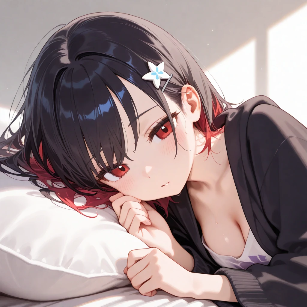 Kurokisaki, Tokisaki Crazy Three, black hair, Low double ponytail, (hair covering one eye:1.5), (red eyes:1.2), (small breasts:1.2), rest thighhighs, have, split, white stockings, Nurse cap, Nurse, Tokisaki Crazy Three, rest looking at viewer, rest indoors, floor, floorroom, rest (masterpiece:1.2), best quality, high resolution, unified 8k wallpaper, (illustration:0.8), (Beautiful and delicate eyes:1.6), extremely detailed face, perfect lighting, Extremely detailed CG, (perfect hands, perfect anatomy),