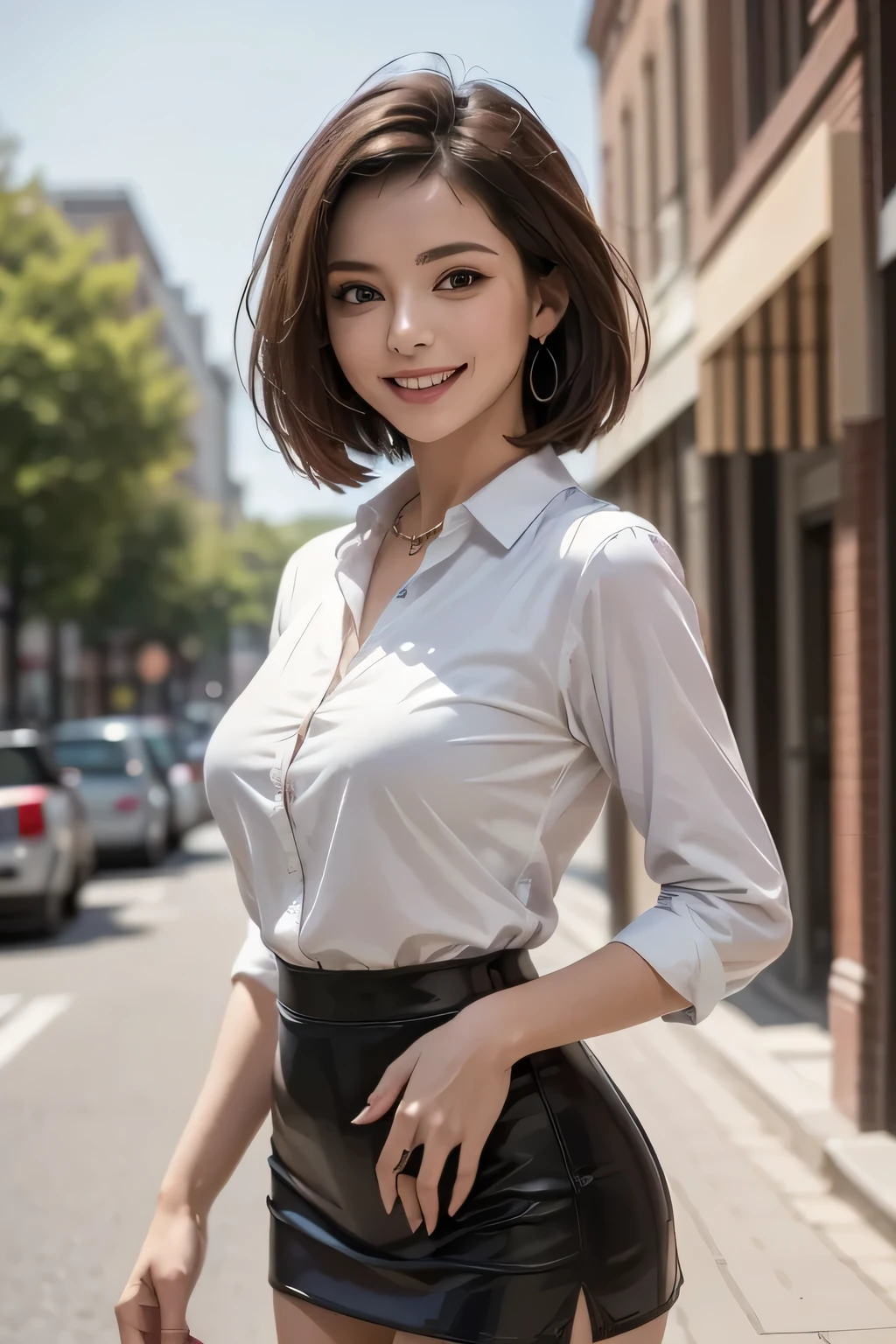 (masterpiece, Highest Quality, high resolution, surreal, Perfect Pixels, Realistic, 4K), 1girl, solo, Beautiful face, Mature Woman, dark brown eyes, Lashes, Realistic eyes, grin, perfect teeth, perfect body, Necklace, big breasts, ((red collared shirt, black tight mini skirt)), standing, amazing, (cowboy shot), (Background: main street)