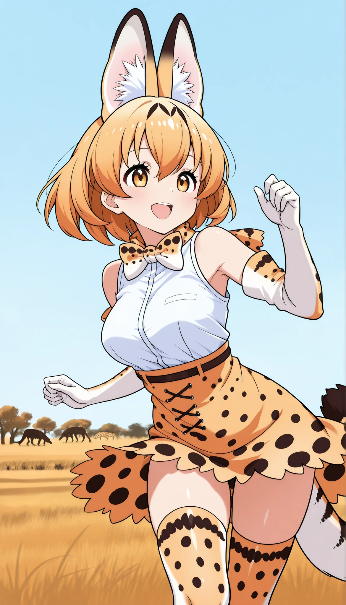 1 female, ((savannah background, zoo)), (大笑い, 口を開けて), servalkemono, print legwear, print gloves, print bowtie, tail, sleeveless shirt, high-waist skirt, serval print, anatomically defined hands fingers, random action poses, 💃 motion, high-resolution detail, animated painting, vivid colors, light and shadow contrast, extreme detail, professional, vivid colors, (Best Quality: 1.2, highly detailed, CG illustration, soft focus, masterpiece: 1.2, best aesthetics)