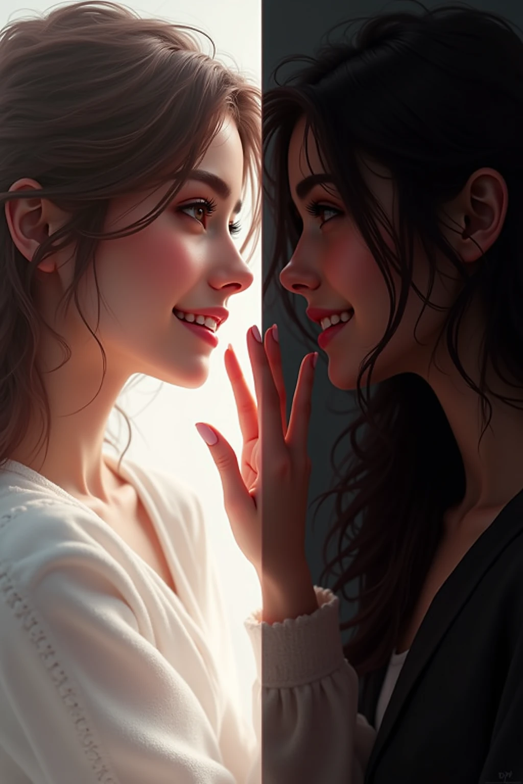 Two women divided into a clear white and black zone, Looking at each other hand,digital art,4K,high resolution,Realistic,colorful colors,Professional level,precise description,Realistic,light and shadow effects,Dark Tones,Bold composition,Fresh visual experience