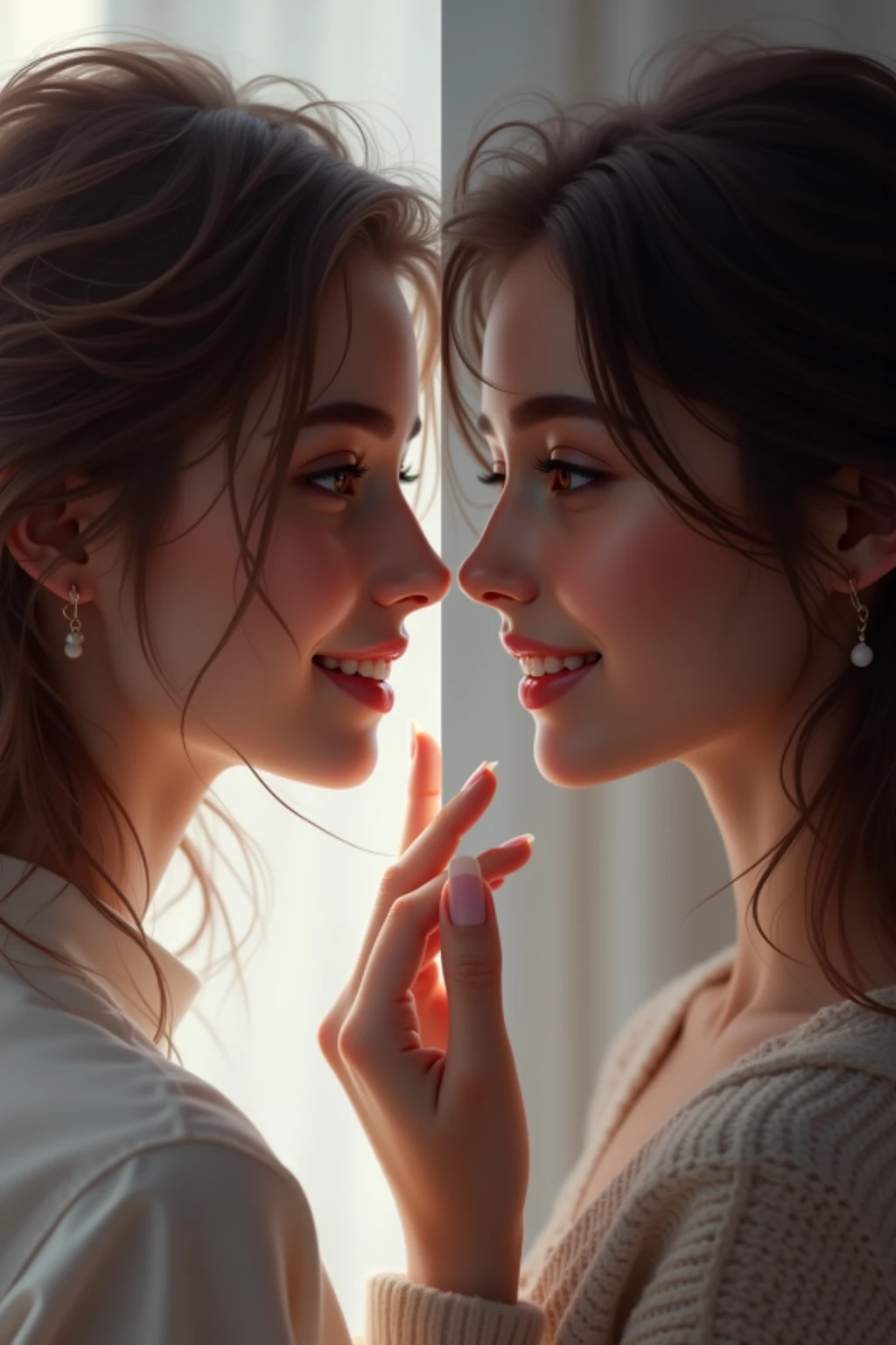 Two women divided into a clear white and black zone, Looking at each other hand,digital art,4K,high resolution,Realistic,colorful colors,Professional level,precise description,Realistic,light and shadow effects,Dark Tones,Bold composition,Fresh visual experience