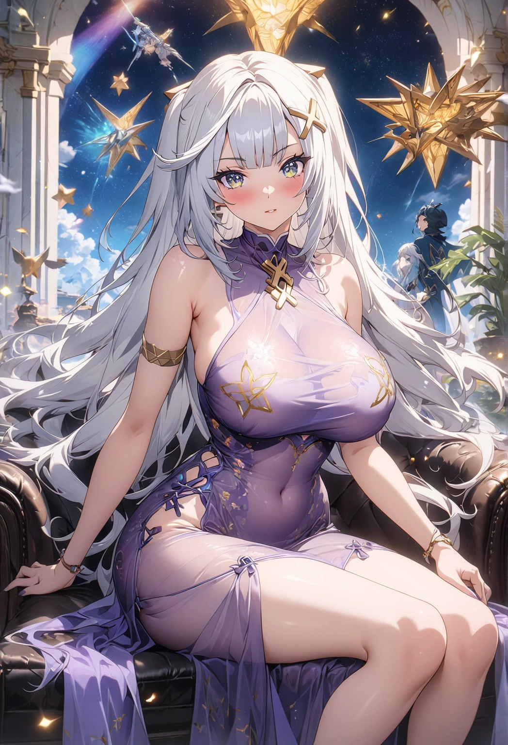 She is a gray with puffy indigo purple hair. She wears a dark green dress, yellow earrings, black heel shoes, and has red lipstick. SPARKLE; GLITTER