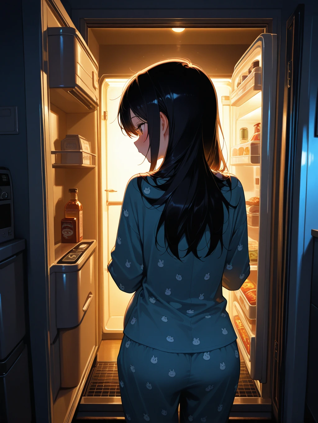  with extremely long braided twin tails bending over and reaching into an open refrigerator grabbing a beer wearing only an oversized baggy T-shirt, no panties, no shoes, no socks, tired expression, Side profile view, dark room, fridge light illumination, 