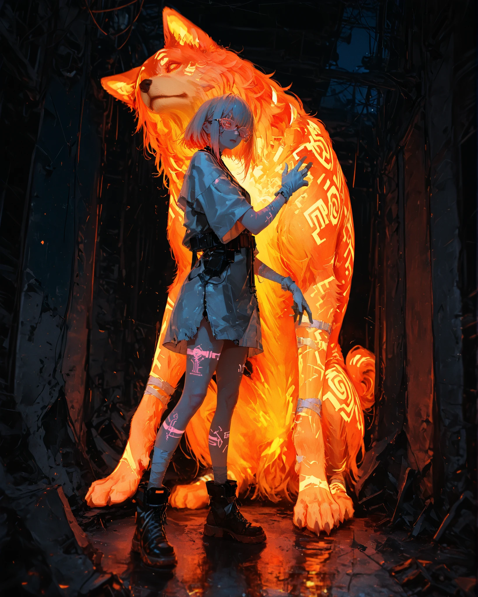 Masterpiece, natural lighting, night, perfect shadows, ray tracing, detailed image, perfect human anatomy, a beautiful adult woman with orange/caramel hair, wearing cyberpunk clothes (short sleeves), cyber glasses and behind her her eyes are closed, gloves showing her fingers, bandages on her arm, a tattoo of a caramel puppy on her arm made in watercolor, standing in an alert position, at her side, a large and imposing caramel-colored dog, strong and with eyes in a bright shade of orange with beams of light coming out of its eyes, on 4 paws on the floor next to the woman in a dangerous position, in the background destroyed gray buildings, ambient cinematic lighting, surreal atmosphere, 4k full body concept art, unsettling elegance, soft surreal nightmare
