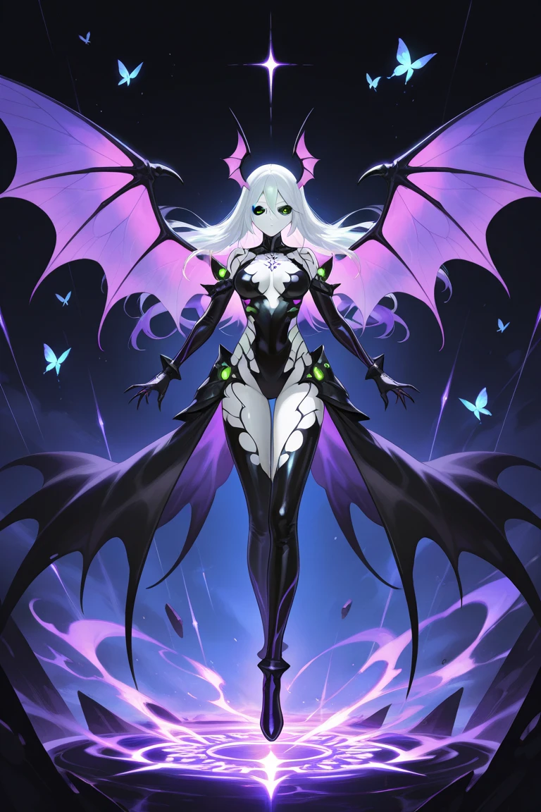 Prompt for illustration: Create an illustration of a fusion between Gardevoir from Pokémon and Ulquiorra Cifer from Bleach. The figure should be elegant and slender, approximately 1.7 meters high. The fusion must combine key elements of both characters in a balanced way. Character details: Body and Posture: slim and elegant body, with a graceful posture. Serene and calculating appearance. face: face afilado y pálido, with light skin tone. large and expressive eyes, with emerald green pupils and black marks descending from the eyes, similar to tears. Facial expression mix of serenity and coldness. hair: hair largo y lacio, emerald green. A prominent lock falling over the forehead. Clothing and Armor: a white dress, similar to Gardevoir, but incorporating elements of Ulquiorra's Arrancar clothing. Light armor on the shoulders and arms, dark and metallic style. Alas: A dark, membranous wing on one side, similar to bat wings. A luminous and ethereal wing on the other side, radiating a soft light. Personality and atmosphere: The figure must convey a mixture of serenity and emotional distance. Dark background with a light aura around the character, representing a balance between light and dark. Psychic and dark elements around the character, like flashes of energy and subtle shadows. Skills represented: Signs of telepathy and telekinesis, like objects floating around. A trace of psychic and dark energy in his hands, similar to a Zero attack combined with Lunar Lance. artistic style: A style that combines elements of anime and manga. Predominant colors: whites, green and black. Well-defined details on clothing and wings, with emphasis on elegance and the contrast between light and dark.