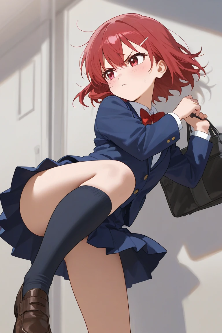 ruby kurosawa, aqua eyes, medium hair, red hair, two side up, twintails, a blue skirt、jaket、Otonokizaka Uniform、pleatedskirt、student clothes、Winter clothes、BREAK (masterpiece:1.2)、top-quality、hight resolution、unity 8k wall paper、(illustratio:0.8)、(beatiful detailed eyes:1.6)、extra detailed face、Perfect litthing、Highly detailed CG、 (perfect hand、perfect anatomia)、Look at viewers、red blush、A smile、piece sign、Stand on the escalator, (By up escalator), (lower body shot), Thigh Focus, (Taken from the bottom 1.3), (View from behind1.3)、 (white panties:1.3)、(Skirt that rolls up:1.3)、(Fully exposed panties:1.5),(Show your ass:1.3)