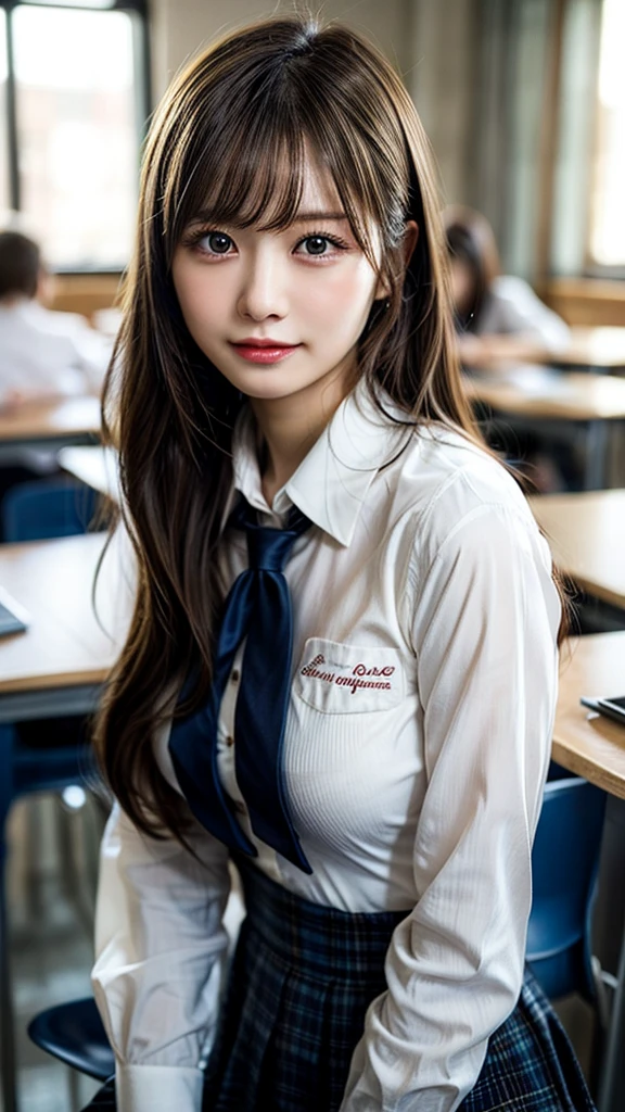 (masutepiece, Best Quality:1.2), 8K, 18year old, 85 mm, Official art, Raw photo, absurderes, White dress shirts, Pretty Face, close up, Upper body, violaceaess, gardeniass, Beautiful Girl, , (Navy pleated skirt:1.1), Cinch West, thighs thighs thighs thighs, Short sleeve, ‎Classroom, Gravure Pose, Looking at Viewer, No makeup,ssmile, Film grain, chromatic abberation, Sharp Focus, face lights, clear lighting, Teen, Detailed face, Bokeh background, (dark red necktie:1.1)、medium breasts⁩、Skinny face