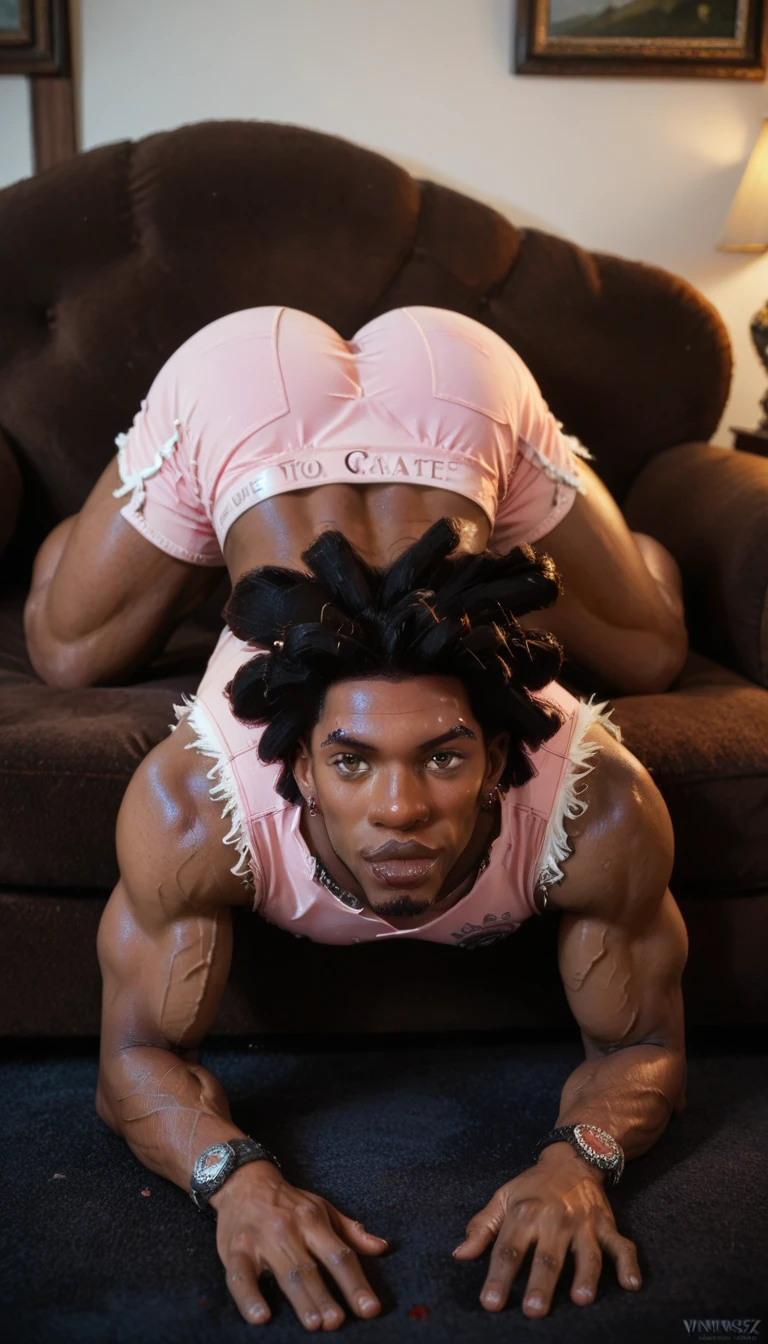 beautiful aztec tribe, kneel in front of a man crotch, sucking his penis, man with perfect body, man hands holding her head, head grab, big blowjob, oral sex, in tent, side view, dreadlocks hair, curvy body with muscular shape, round breasts, ebony skin, sweaty, soft lighting, realistic, high detailed, hd