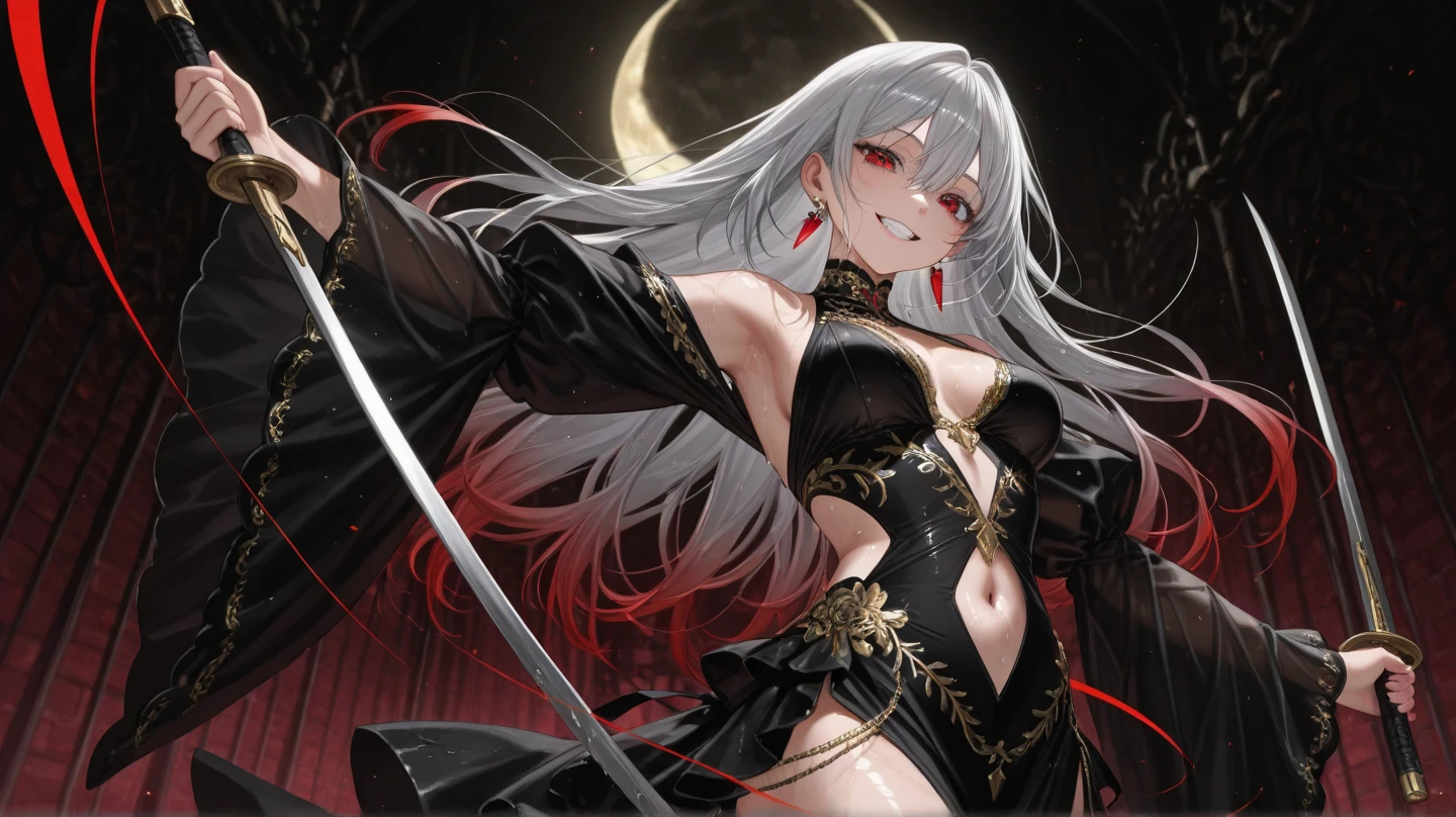 A person who wears a revealing dress that is waist-length, sleeveless, and has lace fabric on the front of the neck, has shoulder-length silver hair, red and purple eyes, wears black shoes, and a black choker, and enjoys torture and massacres using two daggers: a shape-shifting white dagger and a black dagger that shrouds darkness, and is covered in blood.々A psychopathic and sadistic beautiful girl who terrorizes everyone.