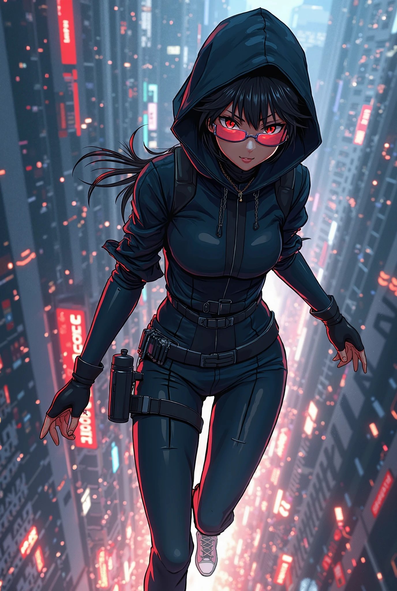 最high resolution,high resolution,Legendary Assassin, Beautiful Teenage Woman,Small breasts,black hooded coat , Grey Shirt,Black pants,Fearless smile, Red lips, Black Hair, Red eyes, realism, Night city view from the top of a skyscraper,Neon Town,Digital Painting, Concept Art, Smooth, Sharp focus, Three-part method, Style Psycho,Detailed Eyes,assassin&#39;s creed