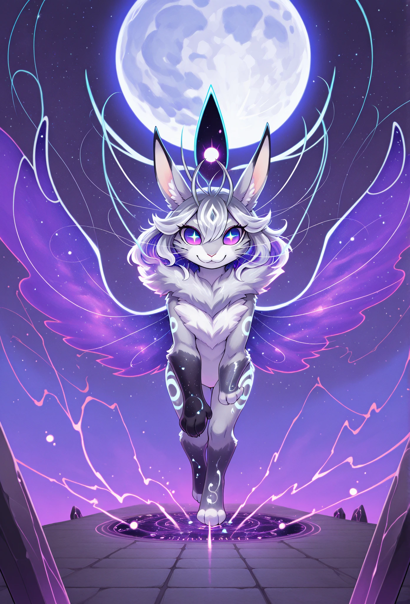 magical creature, anthropomorphic animal, fantasy art, detailed fur, glowing eyes, enchanting aura, mythical creature, naked, majestic presence, mystical background, forest environment, mystical lighting, fairy-tale atmosphere, intricate details, animal features