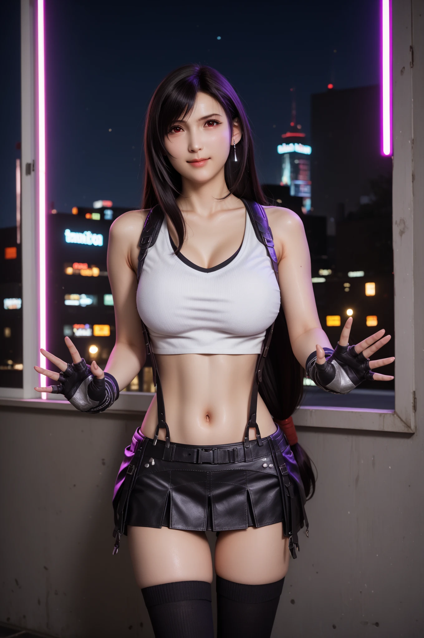 Tattered little white tank top, no bra, (black miniskirt: 1.15), (suspenders: 1.2), thick leather gloves, solo, woman, (pyoapple v1:1.05), pio apple, (parted lips, light smile), (shiny skin: 1.1), blush, (bangs)), long hair, clenched fist, duke, fighting pose, skindentation, ((slim slender body )), (long legs), model figure, top quality, ultra high resolution, (photorealistic), (detailed face and eyes), industrial slam cyberpunk dystopia background, white tank top, white tank top, belly button out, belly visible