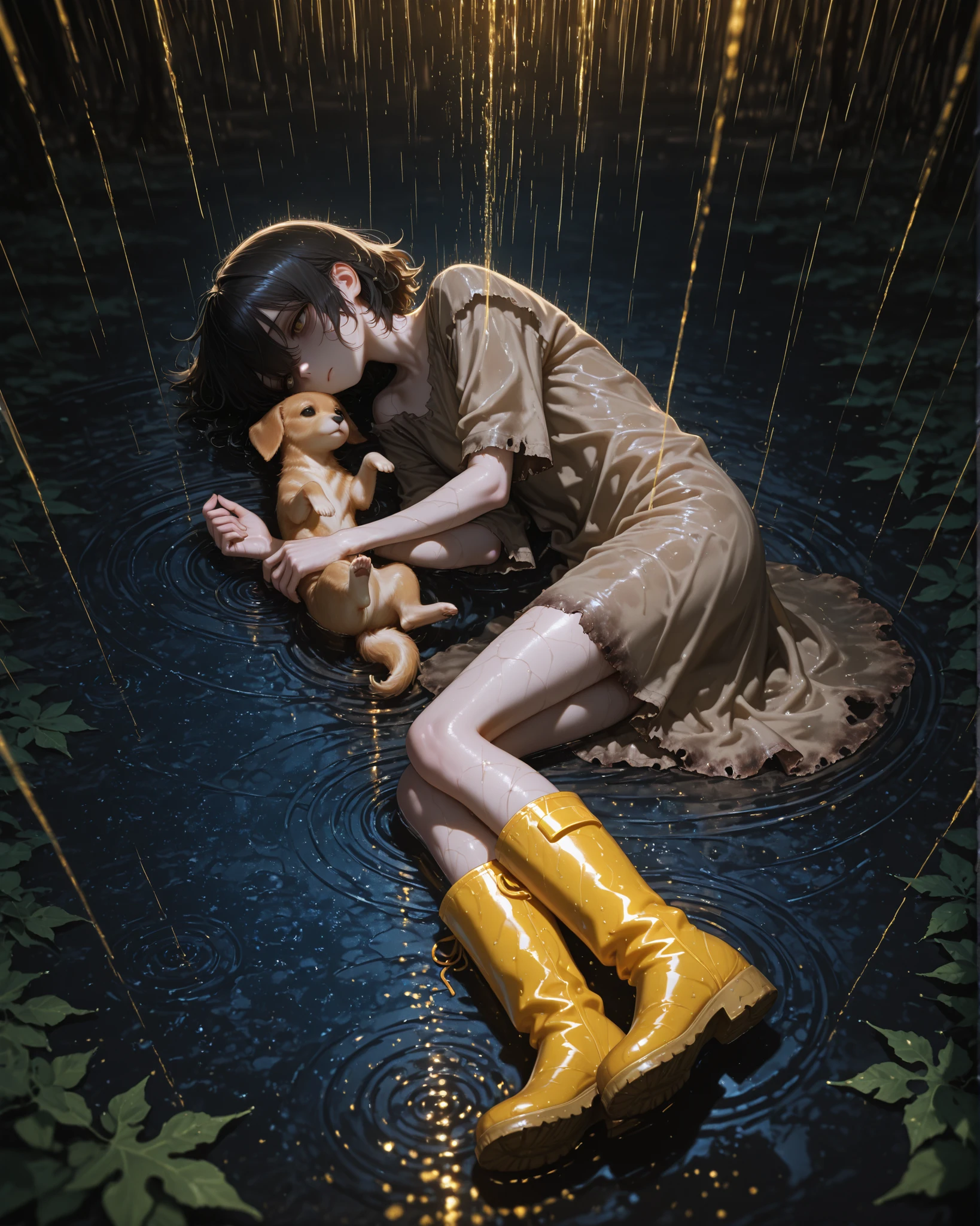 Masterpiece, natural lighting, night, perfect shadows, ray tracing, detailed image, perfect human anatomy, a small blind wearing very humble simple clothes, rags, yellow rain boots, uses a large piece of cardboard to protect a small caramel puppy from the rain, lying down, thin and malnourished, with a sad look, the rain falls hard and leaves the background of the image blurry, ambient cinematic lighting, surreal atmosphere, 4k full body concept art, unsettling elegance, soft surreal nightmare