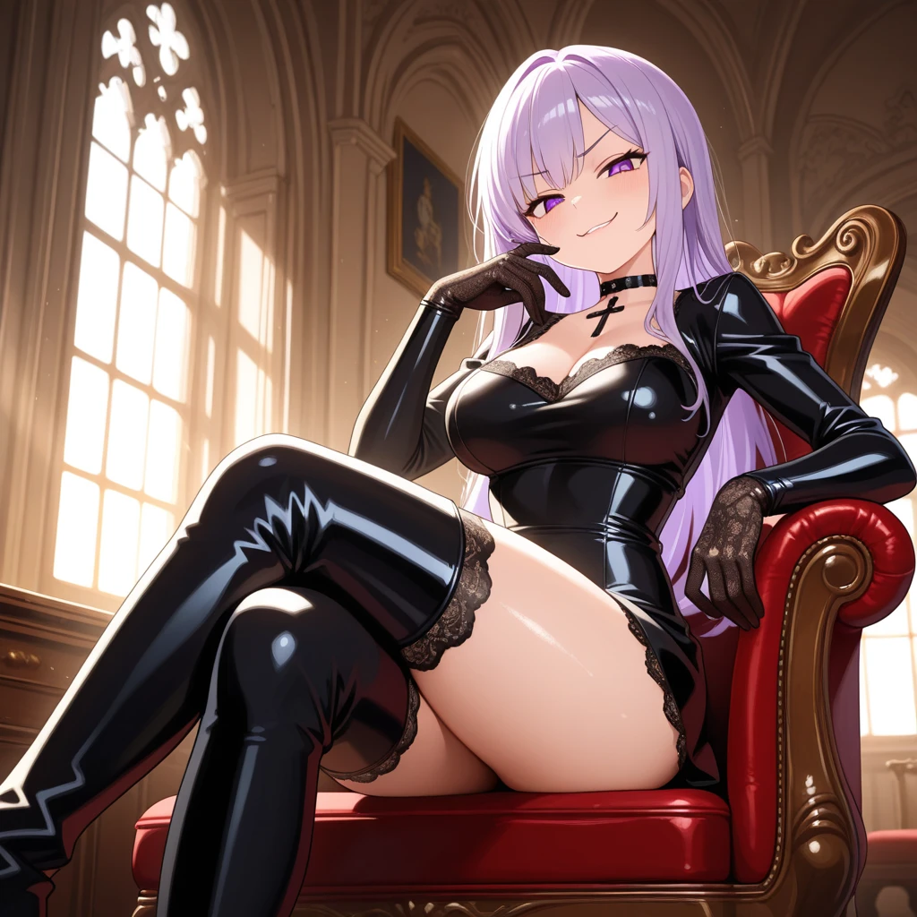 ((best quality)), ((masterpiece)), (detailed), perfect face, solo, alone, masterpiece, wagashi, tokoyami towa, purple hair, medium hair, twin drill hair, gold eyes, pointy ears, sidelocks, hair ribbon, latex top, heart cutout, skirt, black boots, ((big breasts)), cleavage, smug, smirk, ((mesugaki expression)), (fangs, sharp teeth), succubus horns, small horns, from below, sitting on throne, arms down, feet in view