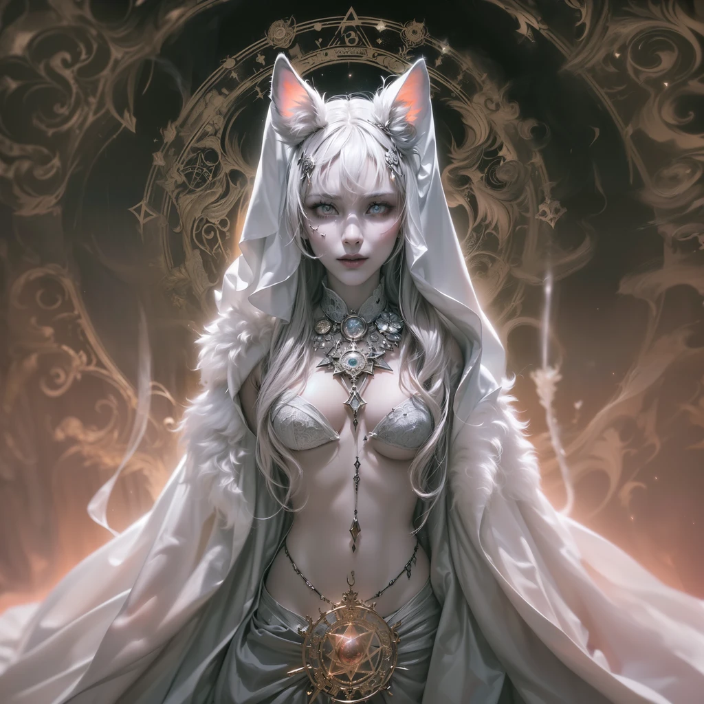 1990s \(Estilo\), retro artEstilo, (Toma de cuerpo completo), Hel from Norse mythology sitting in a dark, spooky forest talking to the spirit of animals.