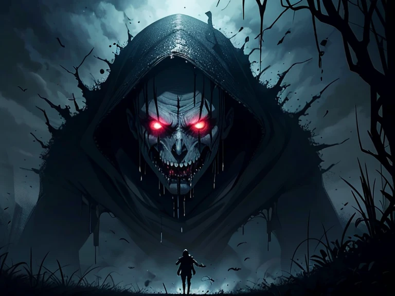 Transform the image of No-Face from ‘Spirited Away’ into a horror-themed version. Intensify his already eerie appearance with even darker shadows and a more sinister atmosphere. Make his mask more menacing with cracks or stains, and his body should appear more shadowy and undefined, almost like a wraith. The background should be filled with ominous, twisted figures and a foreboding landscape, amplifying the sense of dread. Capture the essence of No-Face as an even more terrifying and otherworldly entity.”
