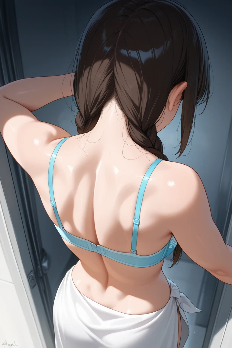 White competitive swimsuit Brown hair ponytail Back view back Butt locker room