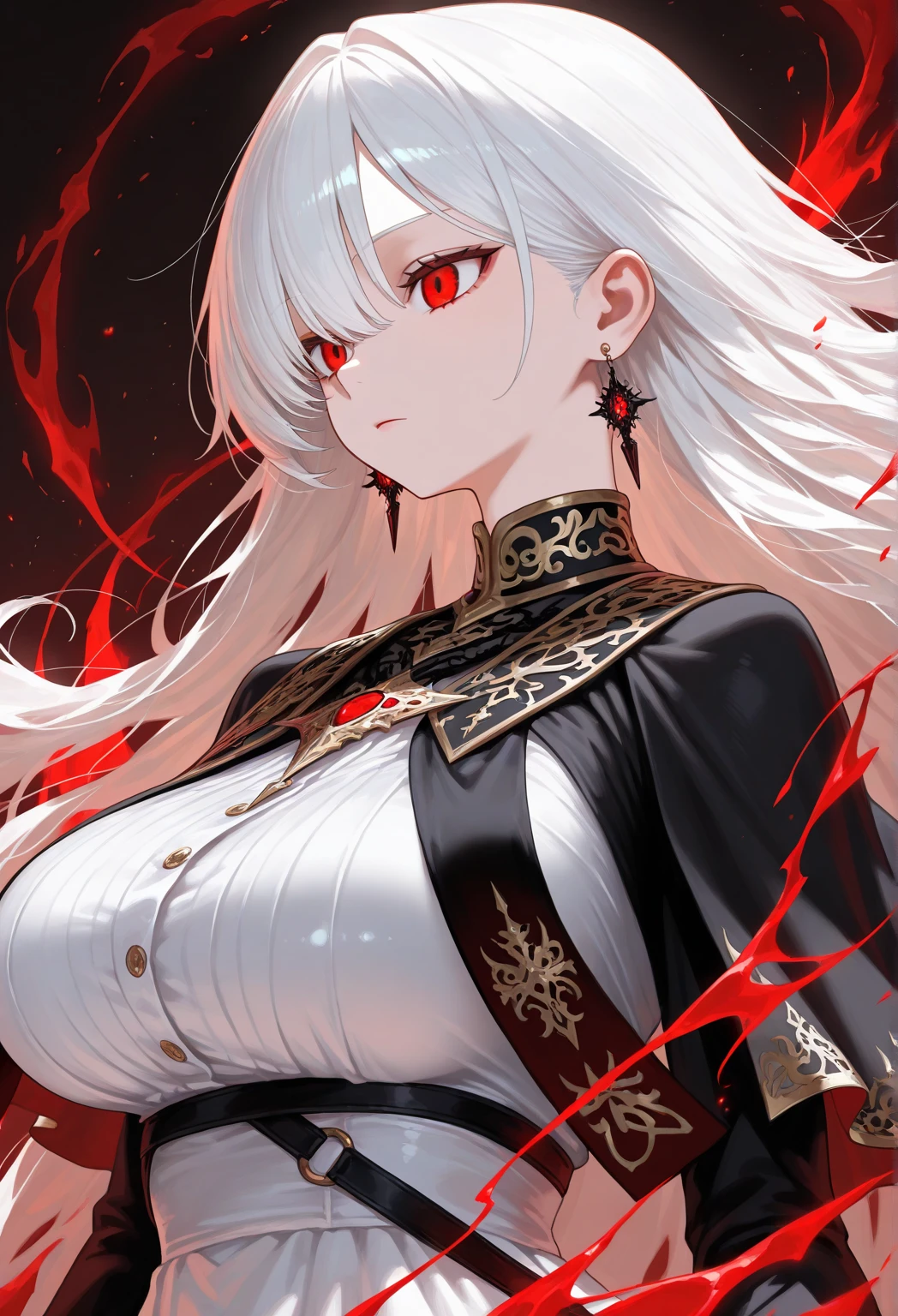anime girl pov (((look at the camera like a angry,crazy,engread devil smiling))) ((dog toothed)) look white hair with a horns (gothic clothes wear red and black) realistic, a hyperrealistic , ((tall and big body and muscle)), hyperrealistic, anime artstyle, smooth anime cg art, anime full body illus tration big body and big butt, with a wolf tatto ((perfect red eye beauty eyes)), crazy looking condescending look ((legs fish net)) posing for a picture (((backround is hell and fire))) ((angel wings)) (((realistic bloody hand and bloody droplets))) ((dirty bloody clothes)) (((scar one black eye))) (with big black wolf red eyes very angry) ((arms claws bloody)) (dark theme) hand with a dagger
