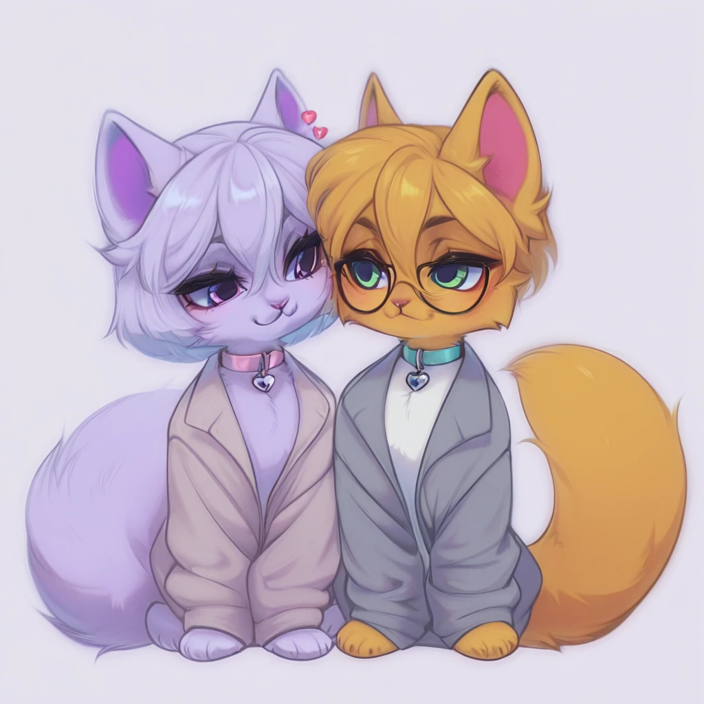 Two cats stand together on a pale sandy background, exuding a sense of camaraderie and affection. The feline on the left is a soft peach color, adorned with a white flower with a yellow center above its ear. Its fluffy tail and slightly unkempt fur suggest a playful demeanor. A pink heart hovers above, indicating affection towards the other cat. The cat on the right features a gray coat with hints of a purple hue, a lighter-colored face, and wears large blue-rimmed glasses. Fashioned with aqua-colored socks on each paw, it has a more polished appearance. A matching bow sits comfortably behind its right ear. Between their eyes sits an aqua collar, giving a modern touch. The overall atmosphere is one of warmth and friendship, with the charming art style and muted pastel color palette adding a nostalgic and endearing quality to the scene. Two art cats stand together on a pale sandy background, exuding a sense of camaraderie and affection. The feline on the left is a soft peach color, adorned with a white flower with a yellow center above its ear. Its fluffy tail and slightly unkempt fur suggest a playful demeanor. A pink heart hovers above, indicating affection towards the other cat. The cat on the right features a gray coat with hints of a purple hue, a lighter-colored face, and wears large blue-rimmed glasses. Fashioned with aqua-colored socks on each paw, it has a more polished appearance. A matching bow sits comfortably behind its right ear. Between their eyes sits an aqua collar, giving a modern touch. The overall atmosphere is one of warmth and friendship, with the charming art style and muted pastel color palette adding a nostalgic and endearing quality to the scene.