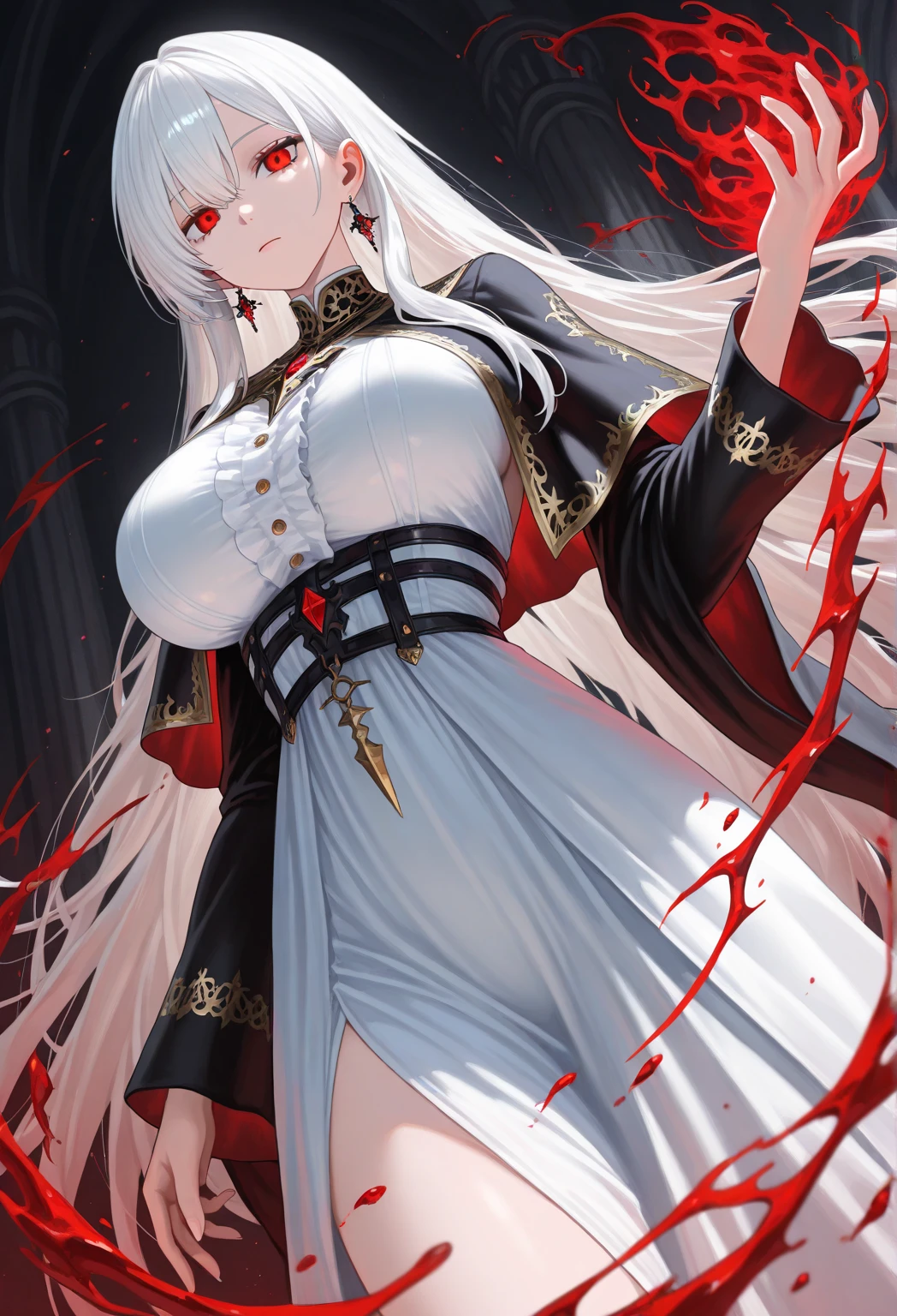 masterpiece, Highest quality, night, Outdoor, rainy days, branch, Chinese style, ancient China, 1 female, Mature Woman, A woman with long silvery white hair, Gray Blue Eyes, Light pink lips, cold, Severe, weak, bangs, assassin, Short knife, White clothes, Black clothing pattern, Blood stains, Blood, Injury, Blood on the face, Blood on the clothes, rain, Beautiful Face, Beautiful Face,