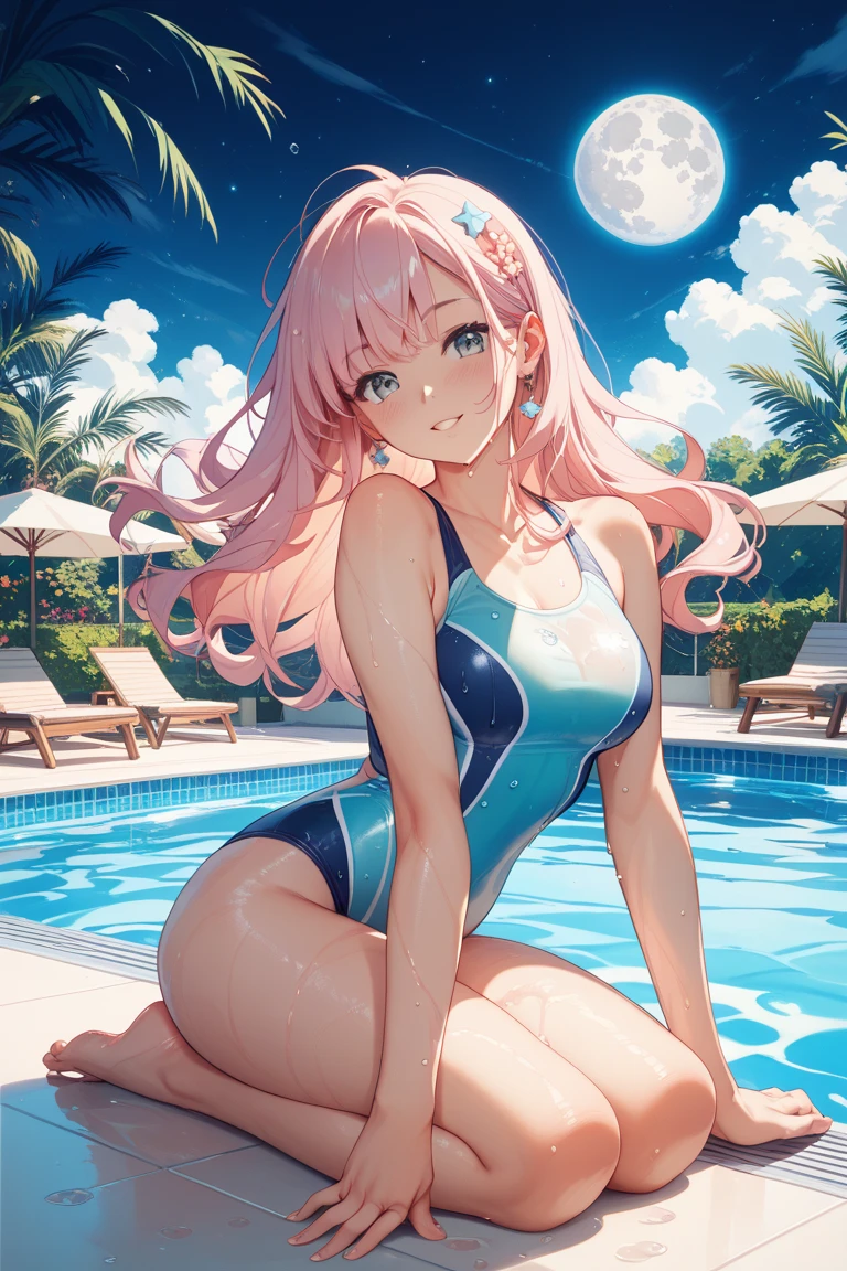 BREAK Perfect Anatomy、Highest quality、(cute:1.1)、(cute)、(High resolution:1.2)、Unbelievably absurd:1.3、Incredible illustrations、(cuteイラスト:1.2)、nsfw,（Beautiful background、Late Night、Night Pool、Planting）、1gial(Pink hair、strong wavy hair、ponytail、low length（145cm）、Dark Skin）(White slingshot swimsuit）（View from the front）