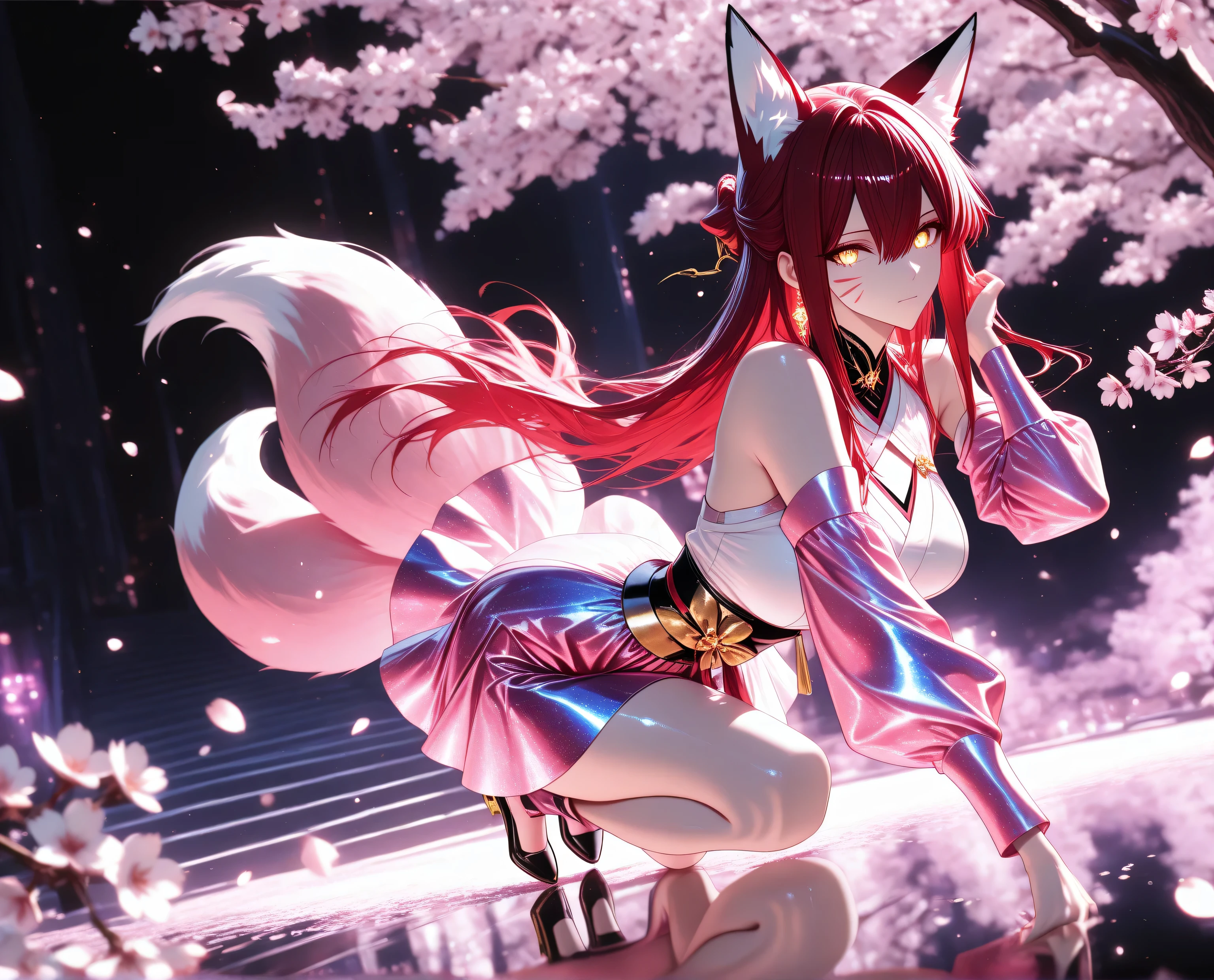 1 woman , golden eyes , very long hair , long sidelocks, red hair ,half updo, petite , very cute , beautiful ,Straight hair, cool, handsome, hair between eyes, sexy, medium breasts cool, beautiful, Solo, full Body, (dynamic angle), hazy lights, subdued lighting, blurred figures, dark background , Sakura, (cherry blossoms), detailled dress, short dress, perfect face, beautiful eyes, focus face, (4k,8k,Ultra HD),(Masterpiece:1.2),(Best quality:1.2),(Detailed:1.5),(Scenery),highly detailed,ultra-sharp,8K resolution,character focus,depth of field,(glowing particles),reflection,(Sharp Focus),contrast,(glittered fabric), pink theme, pink and white, vibrant, energetic,(clear lines) , dark outlines,(bold outline) (aesthetic pose), (pink and white clothes) , fox ears, fox tail, multiple fox tails, nine fox tails, red korean clothes, long sleeves, detached sleeves, bare shoulders, whisker markings, (dynamic pose) , cinematic lighting , cinematic angle, soft light , color detail, backlighting, Depth of field, long exposure, light steps, intricate colors, vibrant colors,, Detailed,Slight blur, soft lips, soft makeup