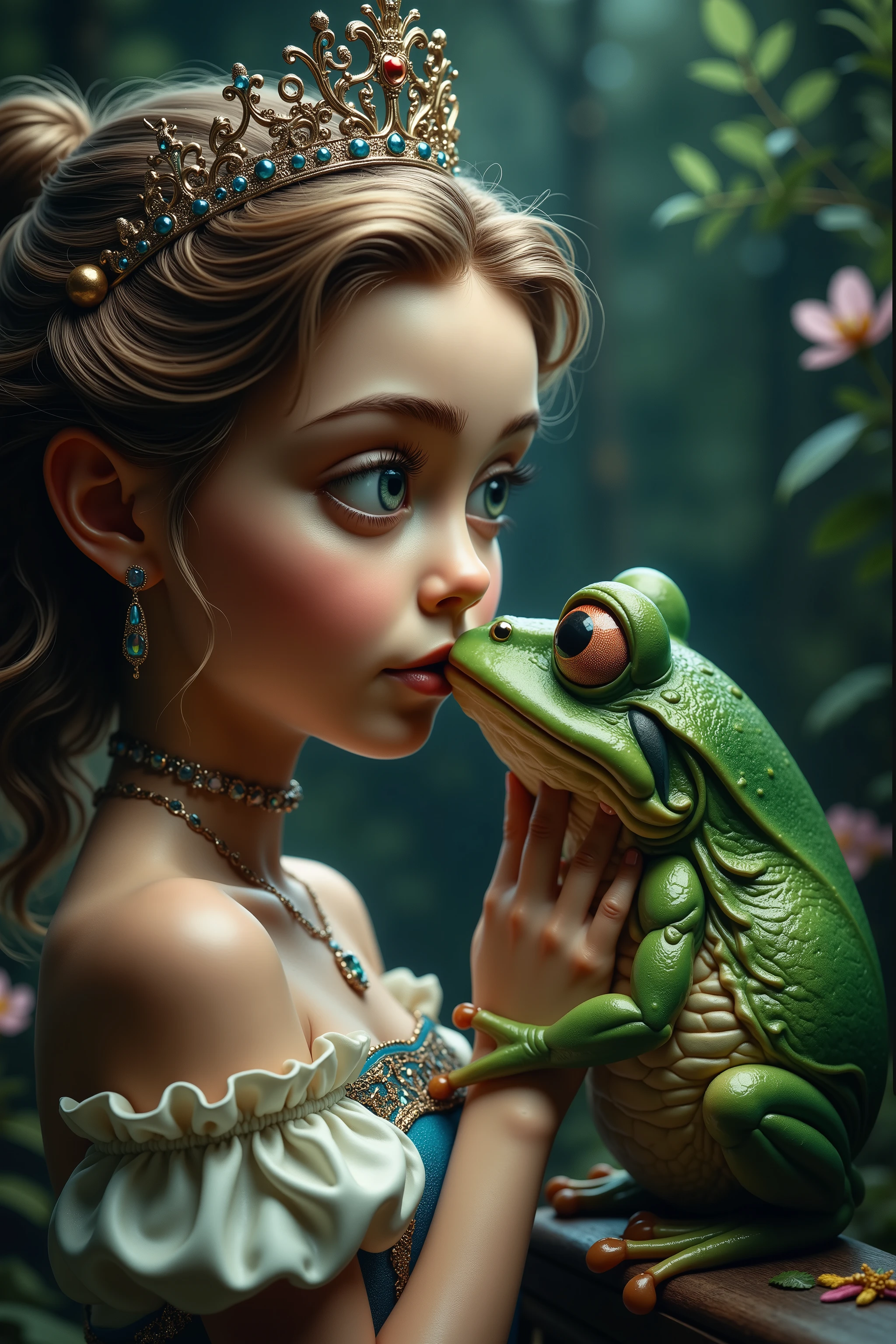 A princess kisses a frog to turn him into a prince. Ultra-realistic, hyperrealistic, photorealistic, UHD, attention to detail, cinematic photography, cinematic portrait, portrait photography, cinematography, realism ,best quality,award winning, masterpiece.