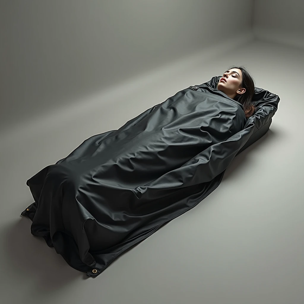 Best quality,4K,8K,a high resolution,masterpiece:1.2,ultra detailed,realistic:1.37,Young woman, wrapped in a sleeping bag,beautiful detailed eyes,beautiful detailed lips,very detailed face,long eyelashes,Sleep peacefully,shiny and smooth surface of the sleeping bag,subtle folds and draperies of material,tightly hugging her body,restricting her movement,peaceful and serene expression on her face,dreamy and calm atmosphere,gentle ray of moonlight, lighting the stage,subtle shadows, thrown away by folds ,precise and realistic fold details,thick sleeping bag surface texture,sublime color gradient sleeping bag,calming and gentle color palette,dim and soothing lighting,a touch of tenderness in the composition,fabulous and unearthly atmosphere,bondage,mummification
