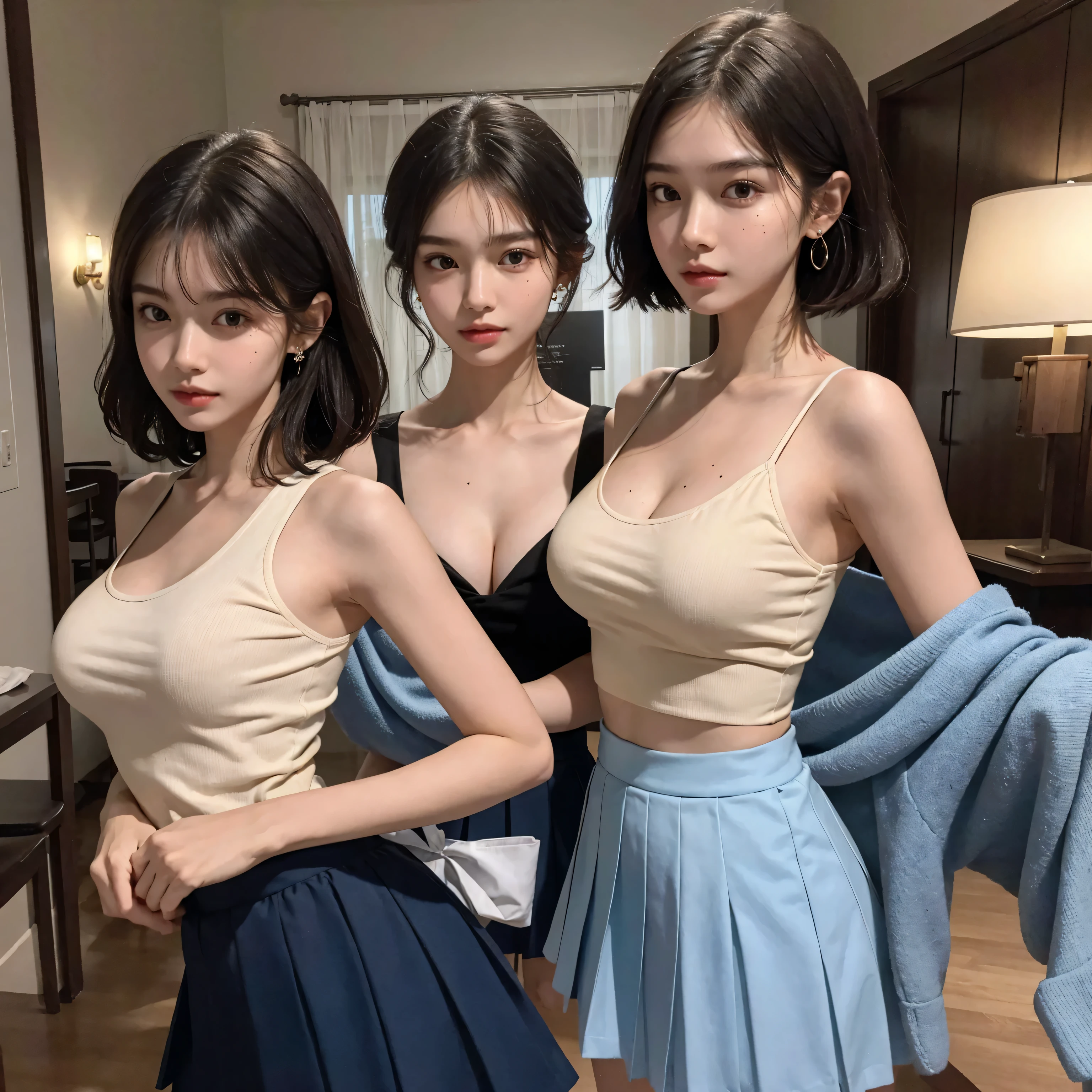 absurdres, RAW photo, extremely delicate and beautiful, masterpiece, Best Quality, ultra high resolution, 16k, hyperrealistic, ultra-detailed, perfect anatomy, super Detailed skin, perfect figure, Very detailed CG 8k wallpaper, in her 20s, very Slim body, narrow waist, very small head, very small face, delicate facial features, tearful mole, earring, thin legs, (very huge round breasts), full body shot, (((3 girls))), short hair, (wavy hair), (((blouse))), (wet clothes), skirt,