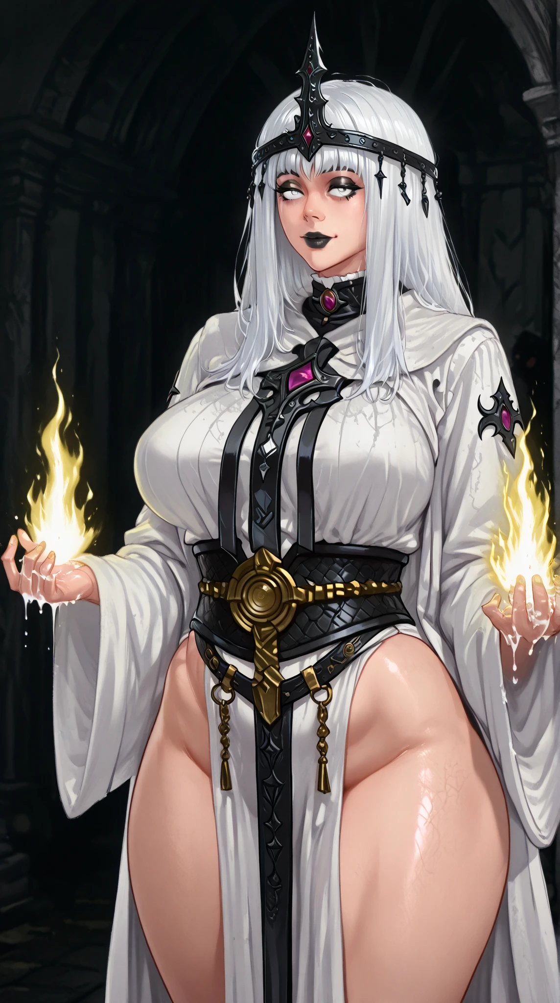 (masterpiece, highest quality, perfect anatomy, erotic, sexy) 1 woman, 25 years old, very tall, muscular, defined arms, defined abdomen, muscular thighs, dark skin, large breasts, high muscular definition, muscular, silver hair medium height, amber eyes, dark skin, many tattoos (sexy nun outfit, silver jewelry, silver rings, necklace and silver) in a church in the background, bitch smile, flushed face, eyes shining with mischief, rape face, skin dark, dark skin,