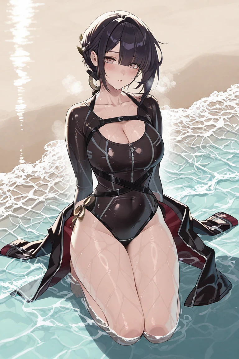 1个Giant Breast Girl,Purple colored hair,Long flowing hair,Qi bangs,Delicate and beautiful face,crisp breasts,Convex buttocks,Wearing a dark blue military uniform,Black tight short sleeves,dark blue short dress,black suspenders stockings,Dark blue sleeves,Dark blue high heels,beachside,Bald Eagle,Naval warships,American flag,perfectly proportioned, Cinematic lighting, filmgrain, Fuji colors, lightand shade contrast, 8K, 巨作, Textured skin, Super detail, high detal, High quality, A high resolution,