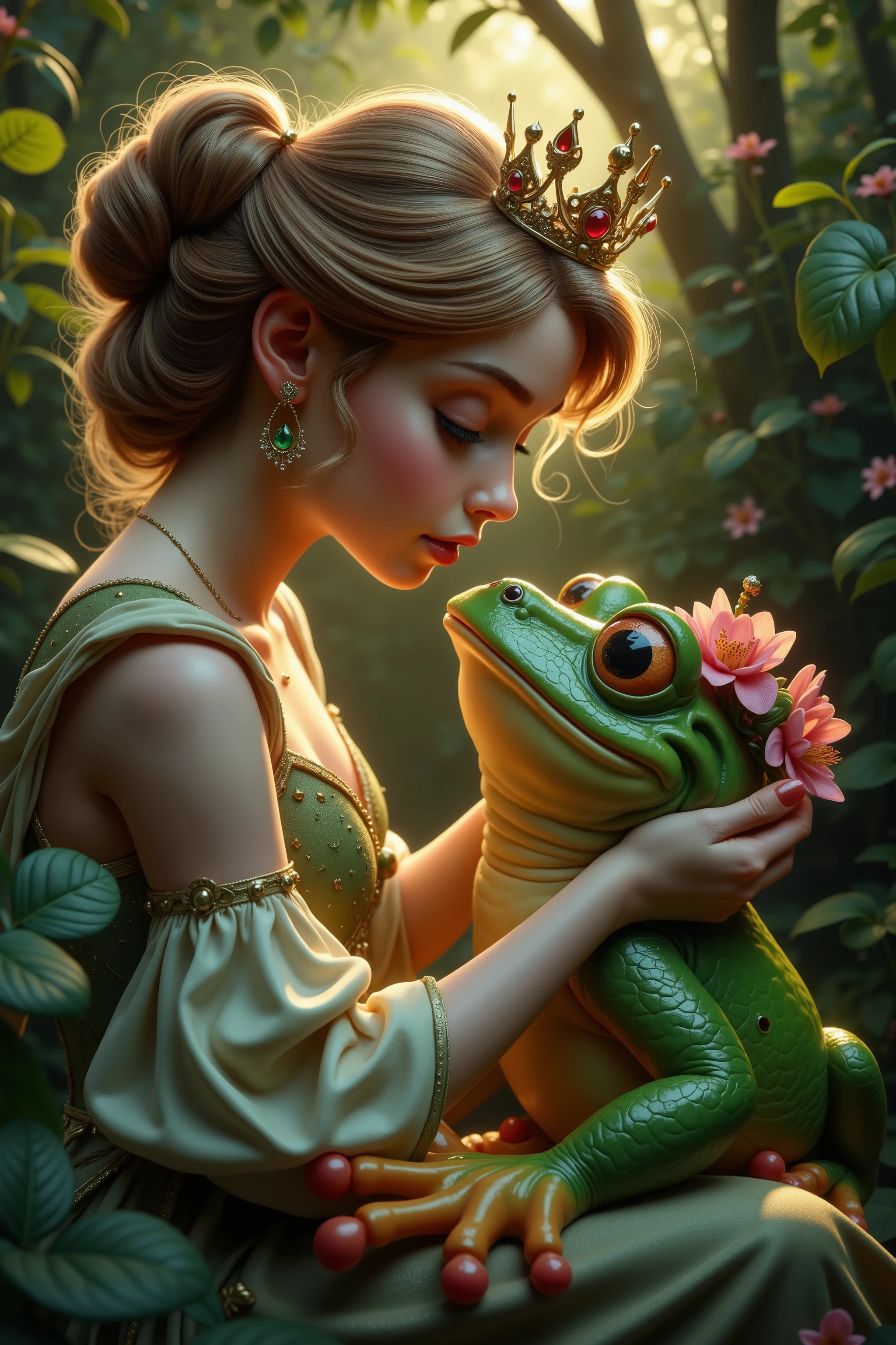 A princess kisses a frog to turn him into a prince. Ultra-realistic, hyperrealistic, photorealistic, Pixar UHD, attention to detail, cinematic photography, cinematic portrait, portrait photography,ethereal cinematography, realism ,best quality,award winning, masterpiece.