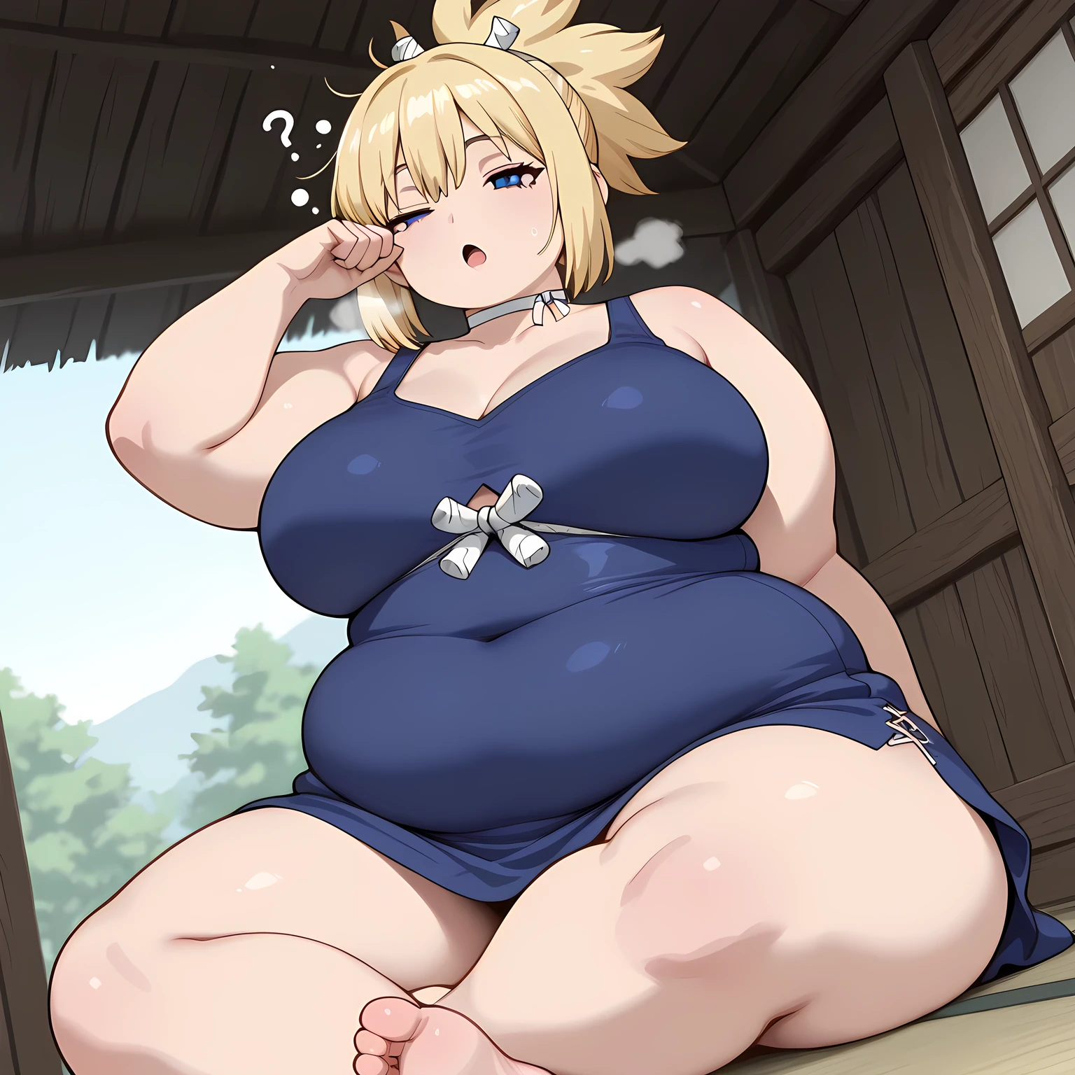 masterpiece, best quality, highres, newest, 1girl, solo, official style, anime screncap, kohaku, blonde hair, blue eyes, white choker, blue sleeveless dress, ponytail, dutch angle, half closed eyes, sitting on the floor, glasswear, lab, hut, thighs, ((waking up)), (?) fat, chubby, obese, gigantic arms and legs, large breasts open mouth, out of breath