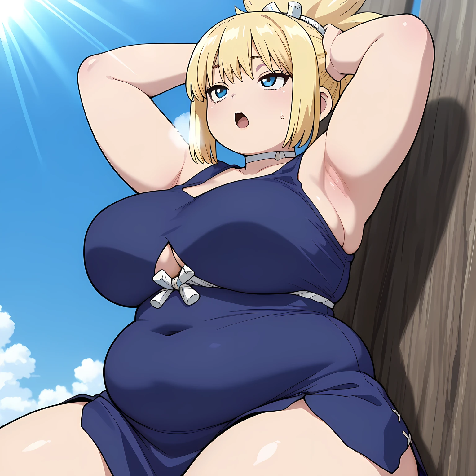 masterpiece, best quality, highres, newest, 1girl, solo, official style, anime screncap, kohaku, blonde hair, blue eyes, white choker, blue sleeveless dress, thighs, looking up, sweatdrop, blue sky, sunlight, open mouth, narrowed eyes, armpit, hands over own head, outdoor fat, chubby, obese, gigantic arms and legs, large breasts open mouth, out of breath