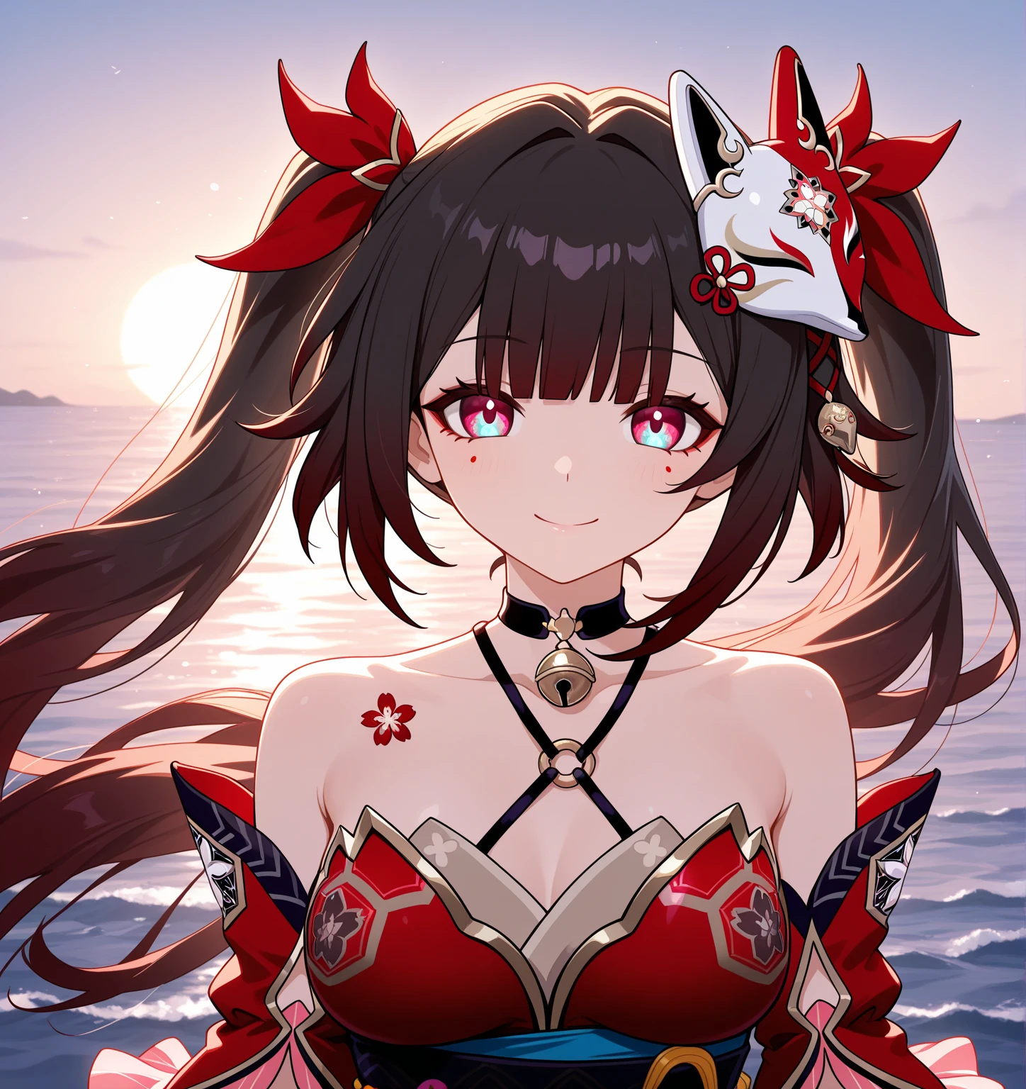 ((Highest quality)), ((masterpiece)), (detailed), (very short hair), ((nsfw)), standing,
Create an image of a ruthless female character named Calamity Ignis, belonging to the Versatile Order. She has a striking and menacing appearance with an aura of danger. Her hair is long and vibrant, resembling fireworks, with a mix of bright colors like red, orange, and yellow. Her eyes are sharp and predatory, glowing with a sinister light. She has a lithe and athletic build, with an air of agility and strength.
Background: Set in a mystical, swirling vortex of energy with floating red threads and glowing symbols, creating an otherworldly atmosphere.
Pose and Expression: She stands confidently, holding a deadly weapon like a spiked chain or dual blades, ready for combat. Her expression is a mix of cruelty and delight, with a wicked smile that shows she enjoys the chaos and destruction she causes. Her eyes should reflect a sense of malicious joy, and her posture should convey readiness for action.
Outfit: Inspired by the provided image, she wears a detailed bodice with intricate gold embroidery and vibrant red and orange accents. The outfit includes a short skirt with high slits, revealing long, flowing ribbons and decorative elements. She has a fox mask as an accessory and other ornate decorations like flowers. Her outfit should have a mix of traditional and modern elements, combining intricate patterns with sharp armor pieces.
Additional Details: Her weapons should be detailed and menacing, reflecting her brutal nature. The spiked chain or dual blades should have intricate designs and a realistic, lethal appearance. The background should enhance her dangerous aura, with dramatic lighting and shadows that highlight her menacing presence. Her overall appearance should be dynamic and unsettling, capturing her ruthless and chaotic nature. The elements in the background should interact with her presence, such as embers from the fire glowing around her, adding a sense of motion and intensity.