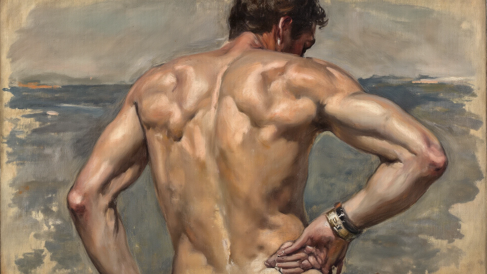 oil painting, full body, back view, style of Peter Paul Rubens, a Male satyr gladiator, chest, abs, slim waist, hairy , (()), renaissance style, perfect composition, canvas texture, landscape background, view from the back