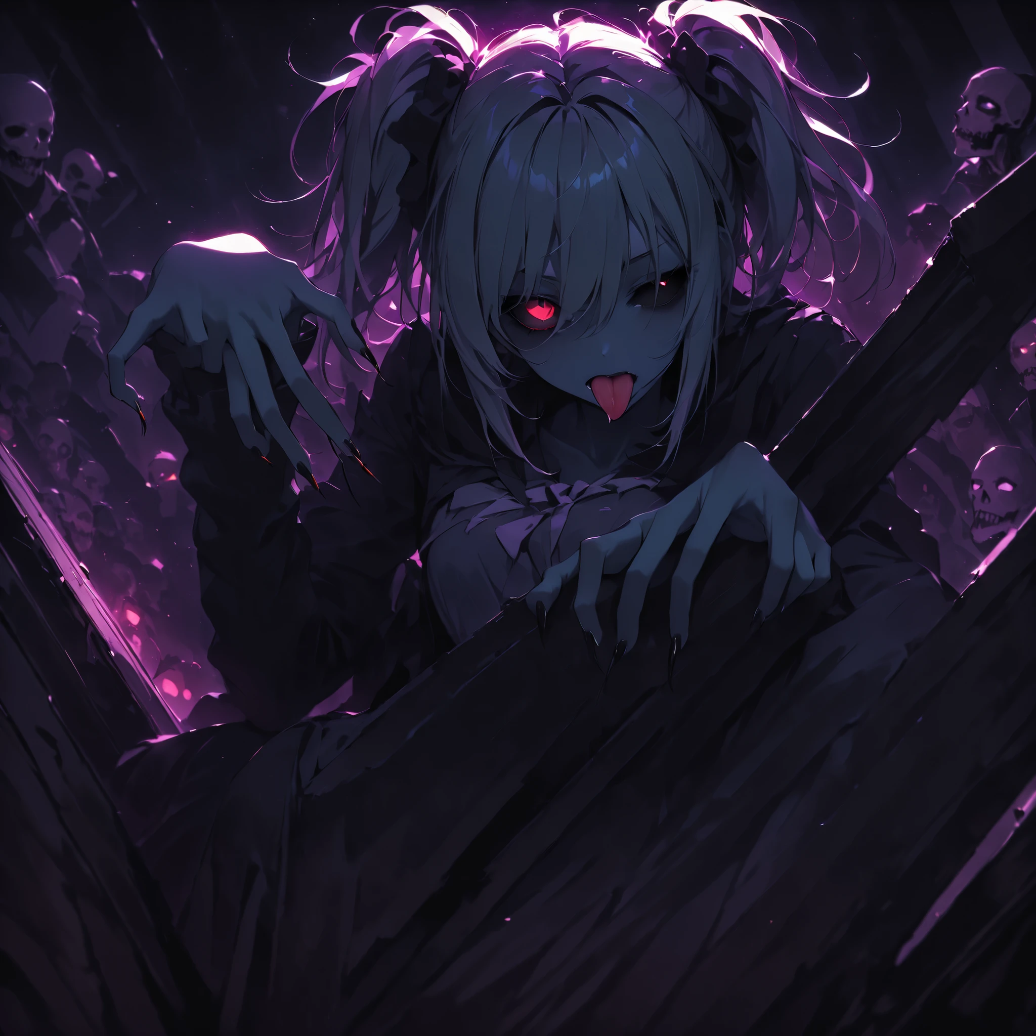 stick out your tongue, colored skin, Zombie Pose, Black Sclera, bill, Long Nails, Sit on the coffin,  1 girl, (Best Quality, Super Sharp, detail),cinematic,dynamic angle,low angle,sleepy eyes,Zitoida,Eye Afterglow Effect,cute,viewers,