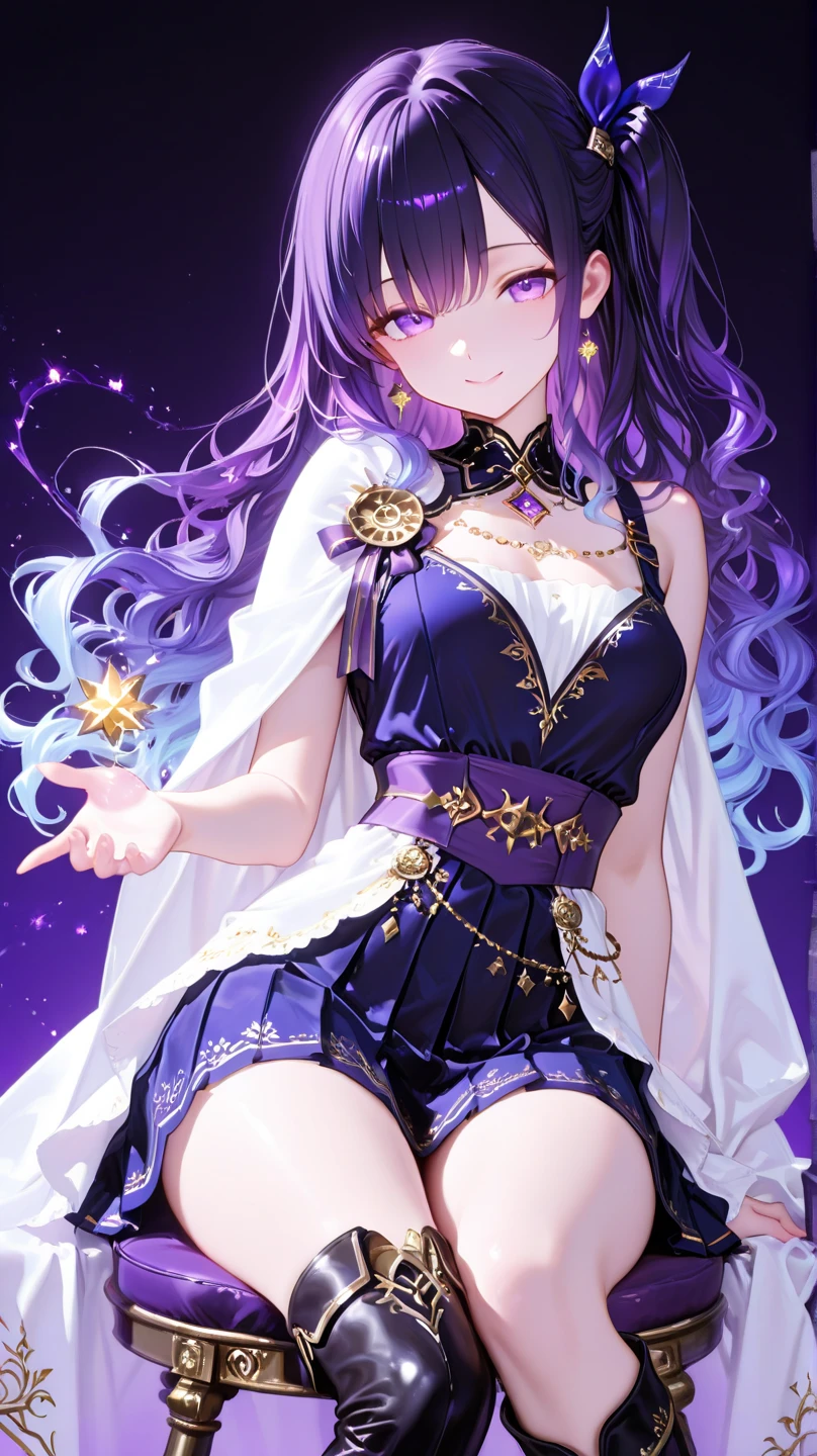 Gemstones Space Background　Sitting on the throne　Purple Hair　Purple eyes　Purple Dress　beautiful girl　True Face
