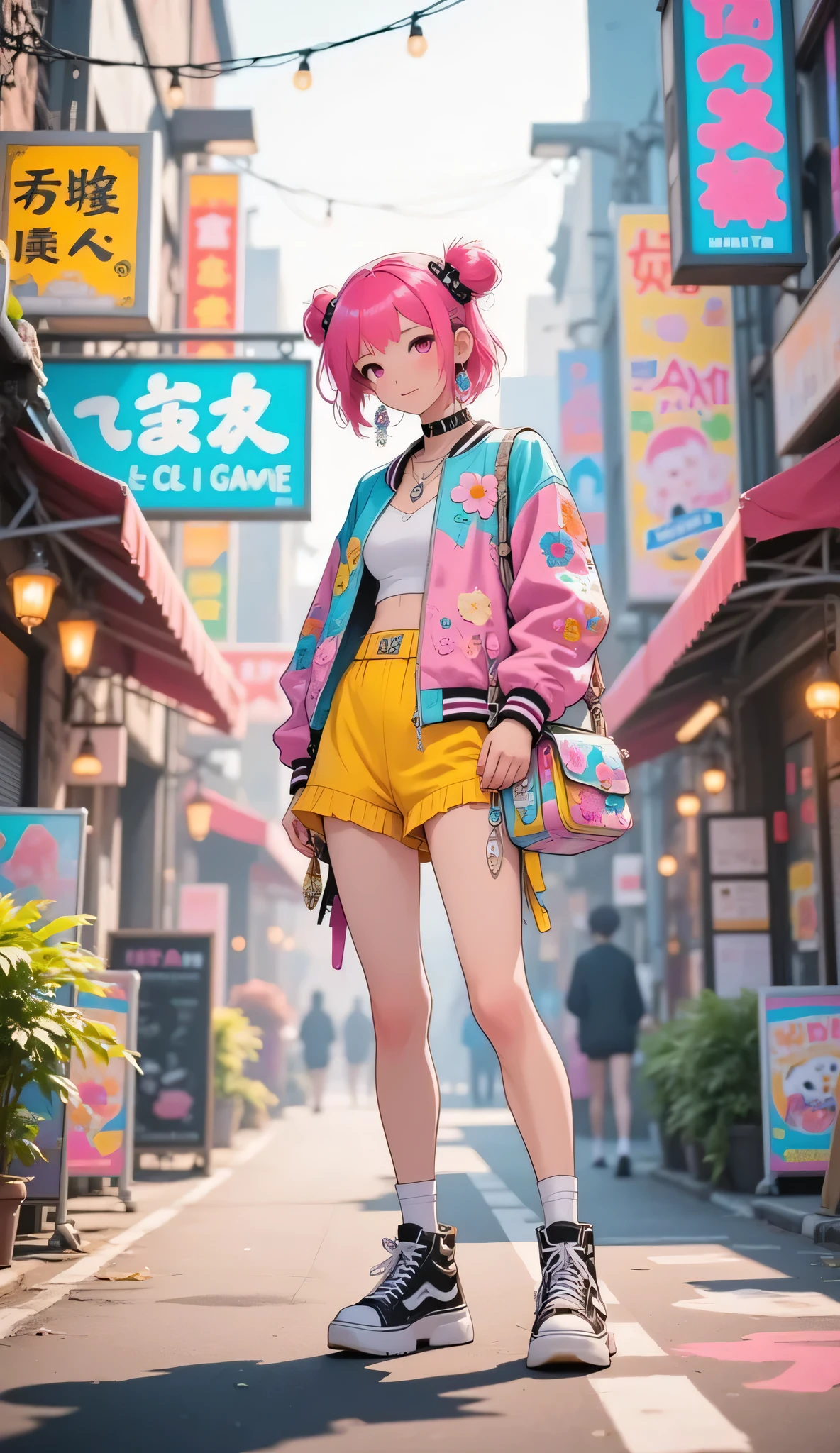 A vibrant, colorful anime-style girl standing (thick thigh, hourglass body, adult, tall, medium breast)  confidently in a bustling Japanese city street. She has short, bright pink hair styled in twin buns with cute hair accessories. She's wearing a pastel bomber jacket with patches and flower designs, a white crop top, and bright yellow ruffled shorts. Her accessories include large earrings, a choker, and a crystal necklace. She carries a transparent bag with colorful decorations and wears chunky black-and-white platform sneakers. The street is filled with neon signs, Japanese text, and soft sunlight casting long shadows. The scene is lively, cheerful, and full of pop culture and Harajuku fashion vibes. Subtle bokeh effects highlight the textures of her outfit and the ambient atmosphere, creating a cinematic yet intimate composition perfect for a fashion contest.
