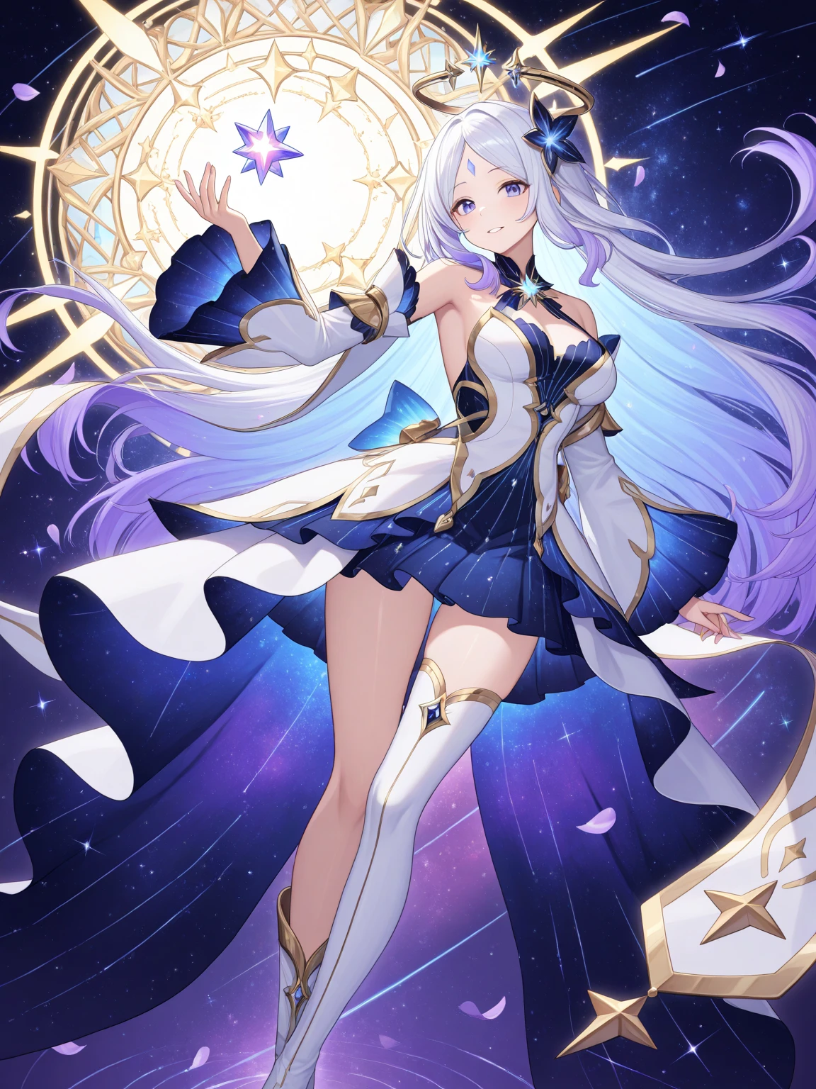 Masterpiece , honkai star rail , solo , 1 female , short platinum blonde hair , blue eyes , small pointy ears , quanta element , abundance path , looking at the viewer , smiling with vampire fangs